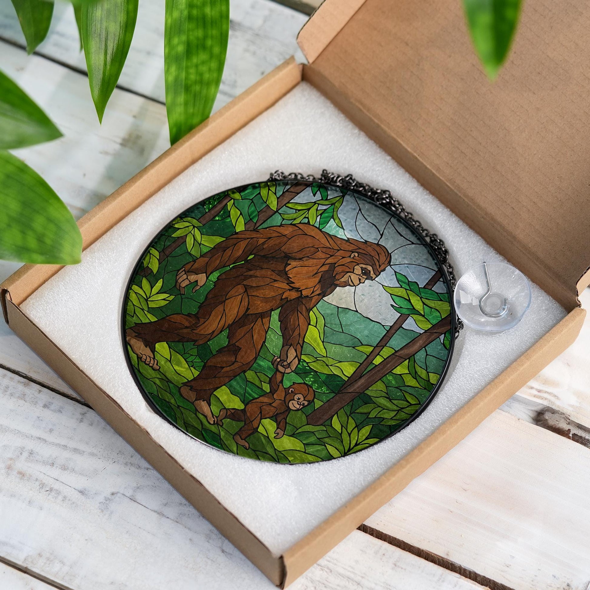 Bigfoot Dad with Baby Glass Suncatcher, Father's Day Gift, Bigfoot Ornament, Dad Gift, Unique Father's Day Decor, Glass Suncatcher,Funny Dad