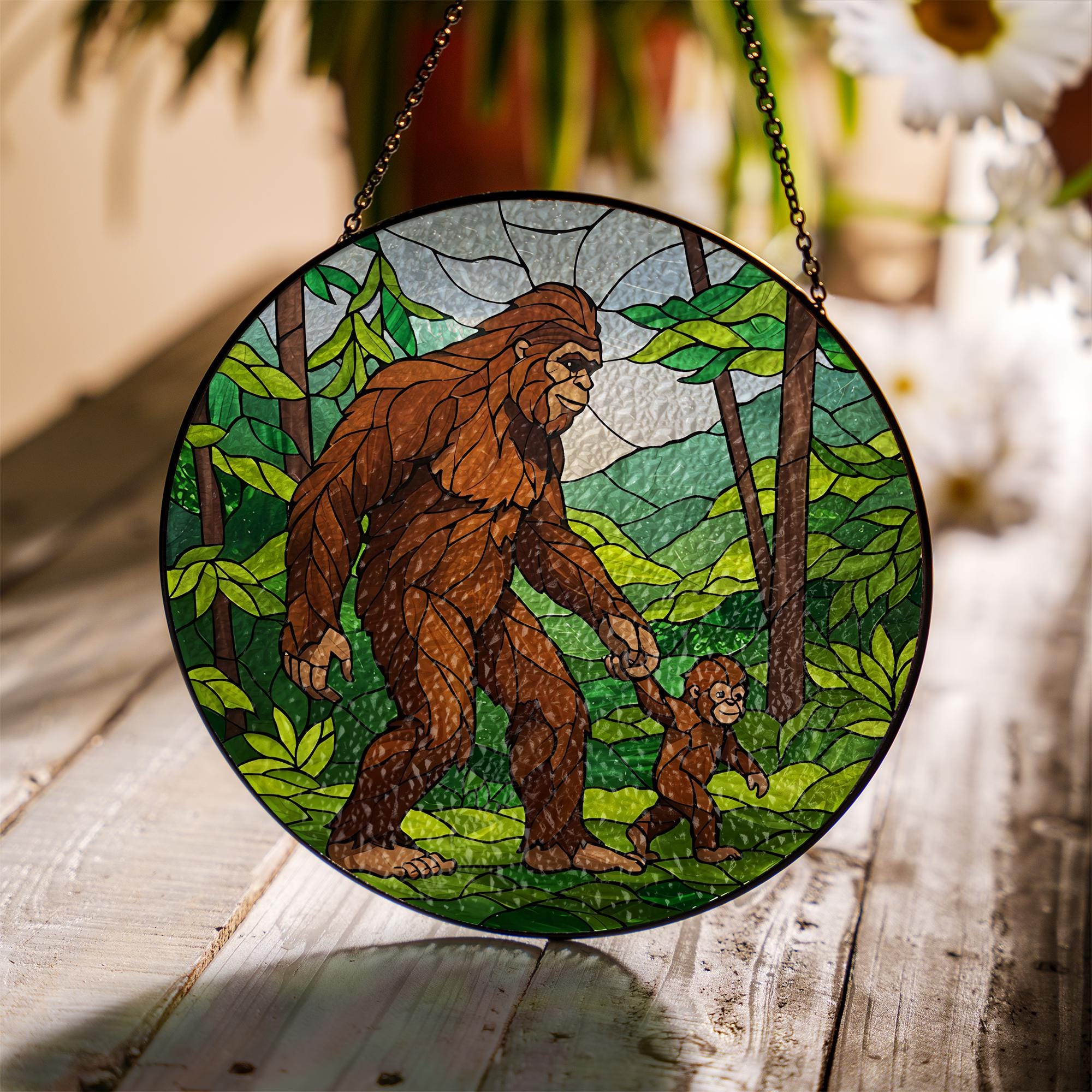 Bigfoot Dad with Baby Glass Suncatcher, Father's Day Gift, Bigfoot Ornament, Dad Gift, Unique Father's Day Decor, Glass Suncatcher,Funny Dad
