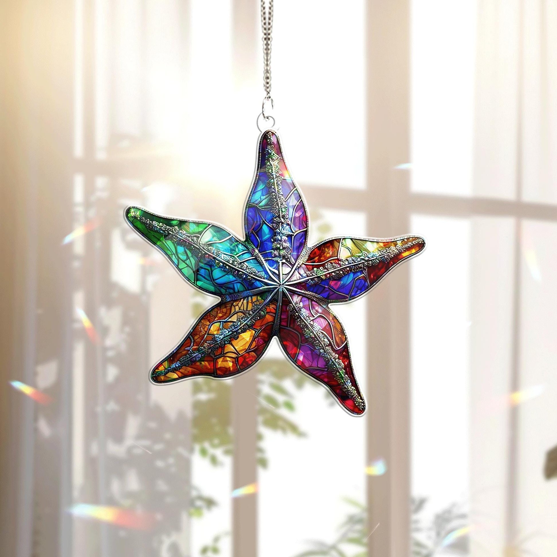 Colorful Starfish Acrylic Window Hanging | Summer Ocean Beach Decor | Vibrant Stained Glass Style Suncatcher Gift for Coastal Lovers