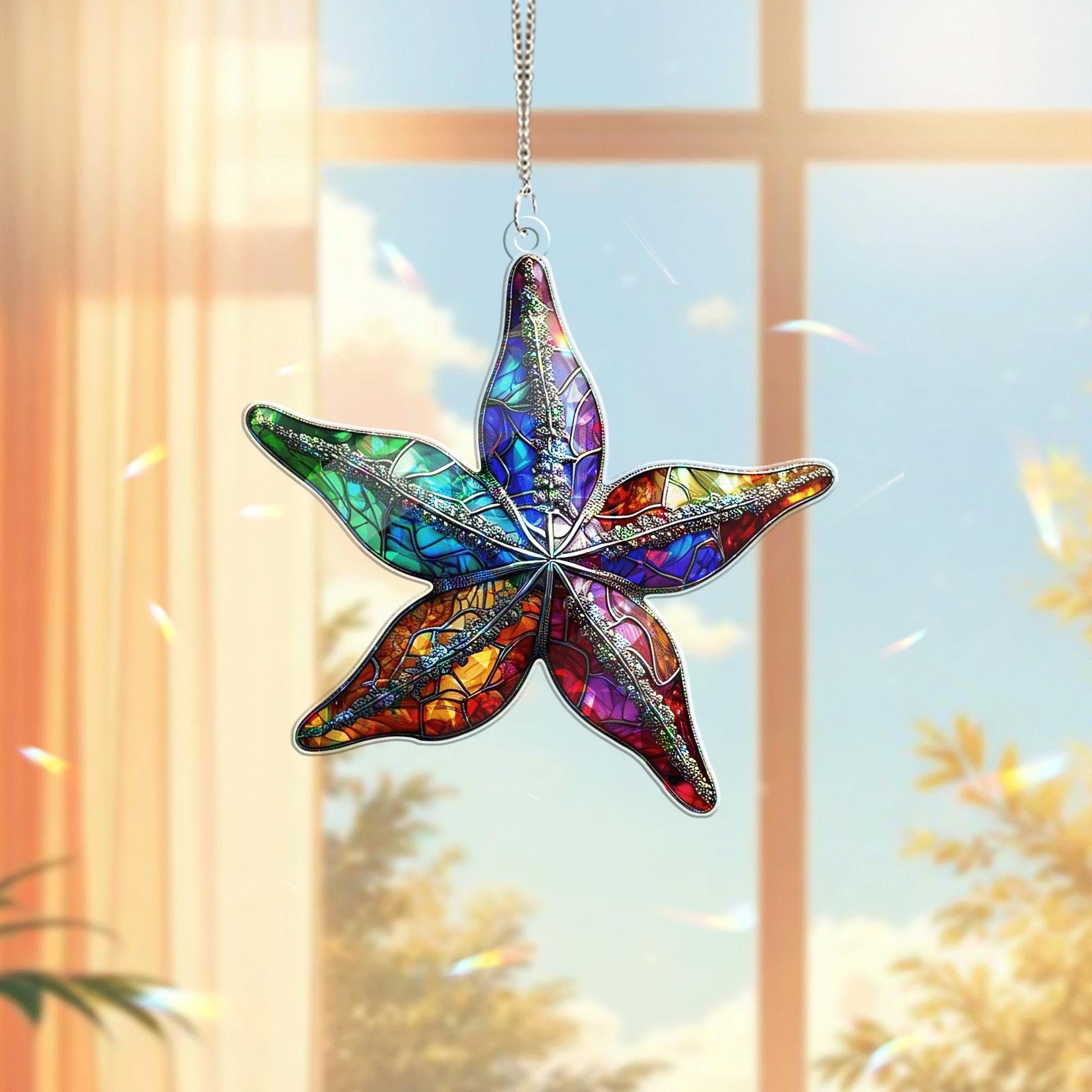 Colorful Starfish Acrylic Window Hanging | Summer Ocean Beach Decor | Vibrant Stained Glass Style Suncatcher Gift for Coastal Lovers