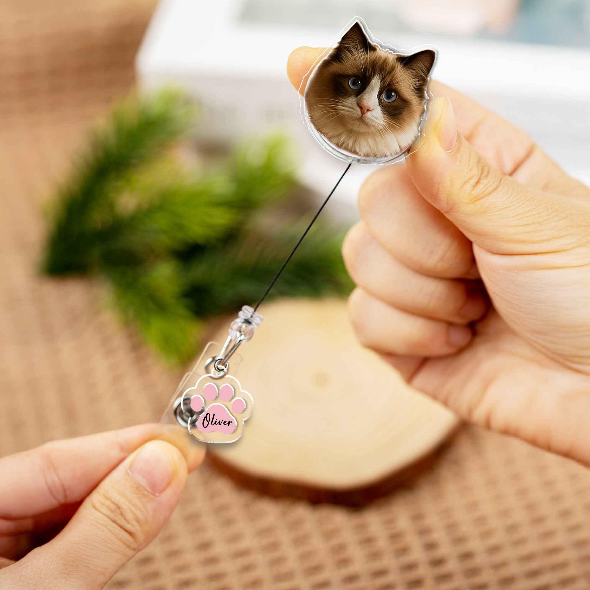 Custom Pet Photo Badge Reel Personalized with Name Paw Charm | Cat Dog Picture ID Holder | Cute Gift for Nurse, Teacher, Vet Tech