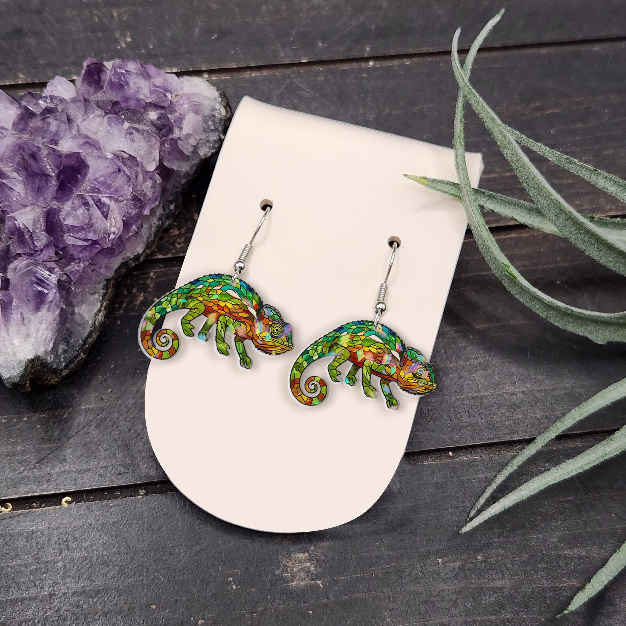 Colorful Chameleon Acrylic Earrings, Lizard Jewelry, Reptile Lover Gift, Fun Animal Dangle Earrings for Nature Fans, Tropical Gift For Mom
