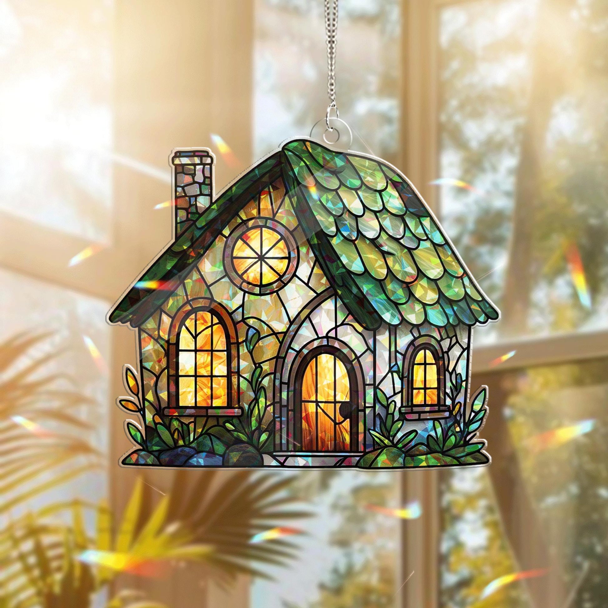 Cottage House Acrylic Window Hanging – Whimsical Stained Glass Style Home Decor, Sun Catcher Gift for Garden and Nature Lovers