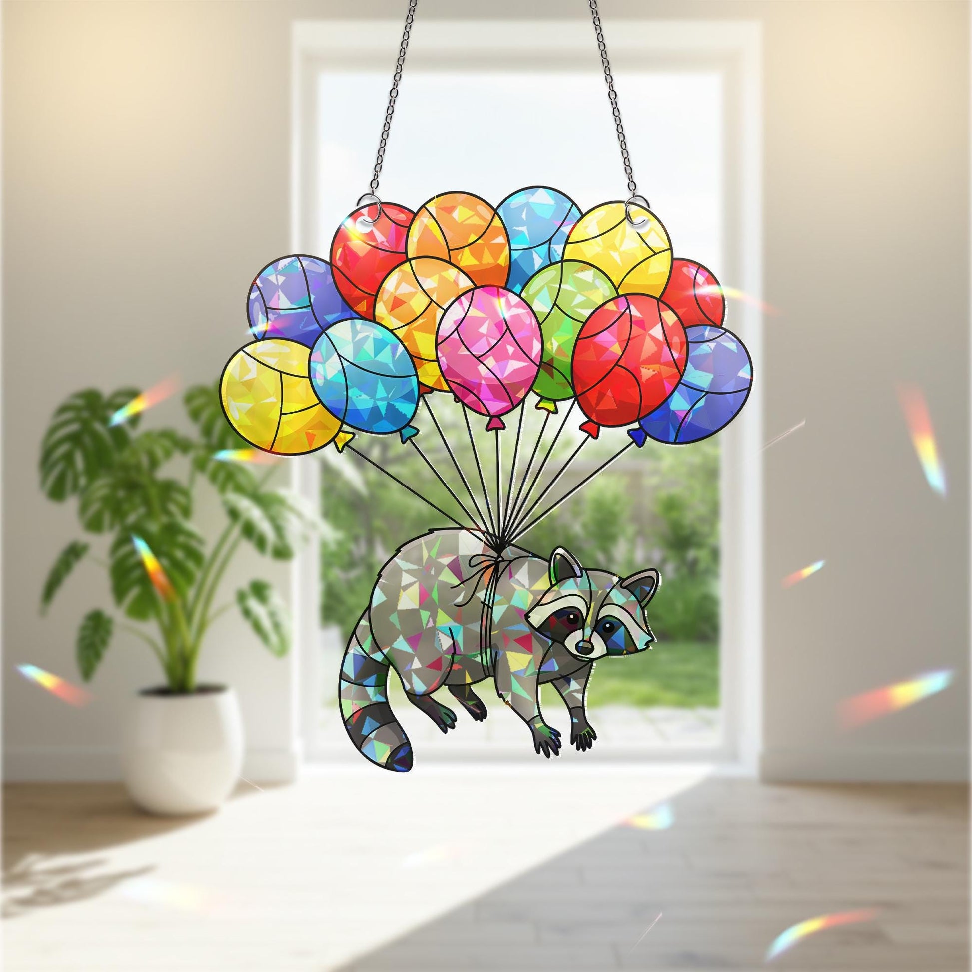 Colorful Raccoon Balloon Suncatcher, Holographic Acrylic Window Hanging, Stained Glass Look Animal Decor, Cute Raccoon Gift, Raccoon Lover