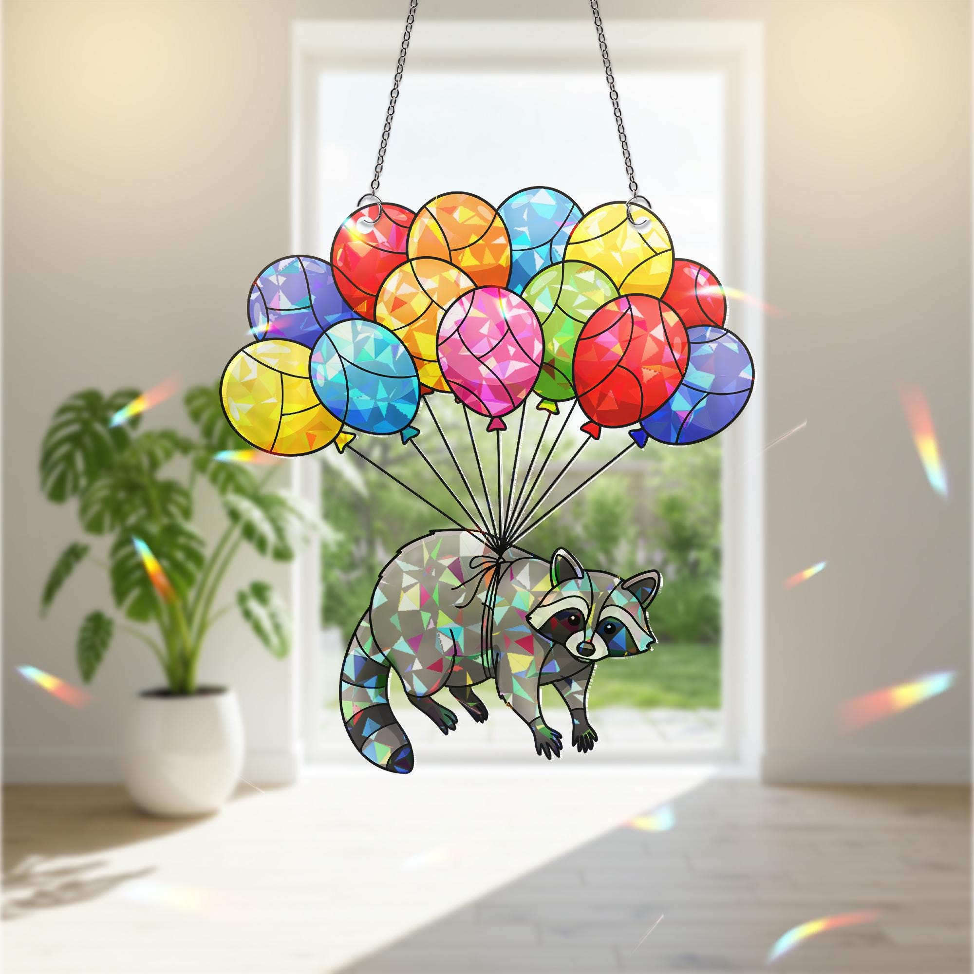Colorful Raccoon Balloon Suncatcher, Holographic Acrylic Window Hanging, Stained Glass Look Animal Decor, Cute Raccoon Gift, Raccoon Lover