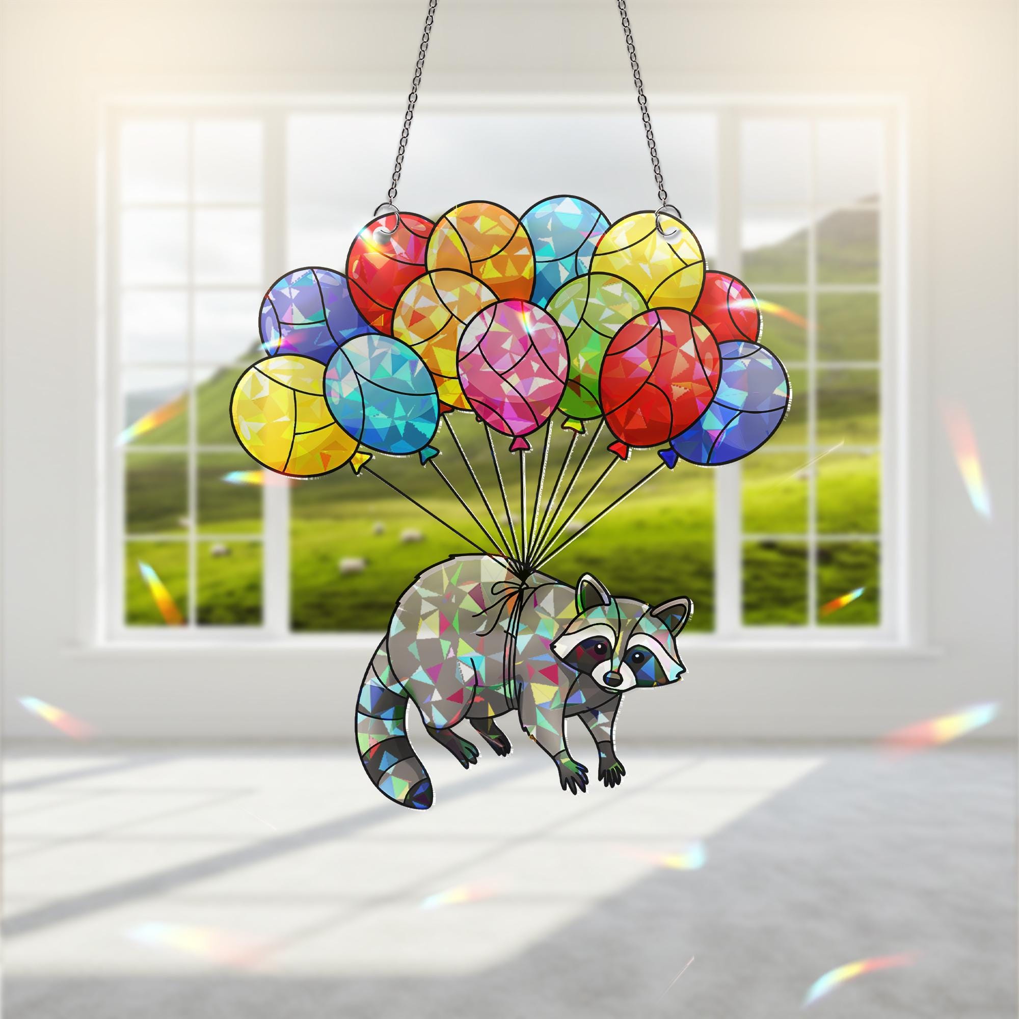 Colorful Raccoon Balloon Suncatcher, Holographic Acrylic Window Hanging, Stained Glass Look Animal Decor, Cute Raccoon Gift, Raccoon Lover