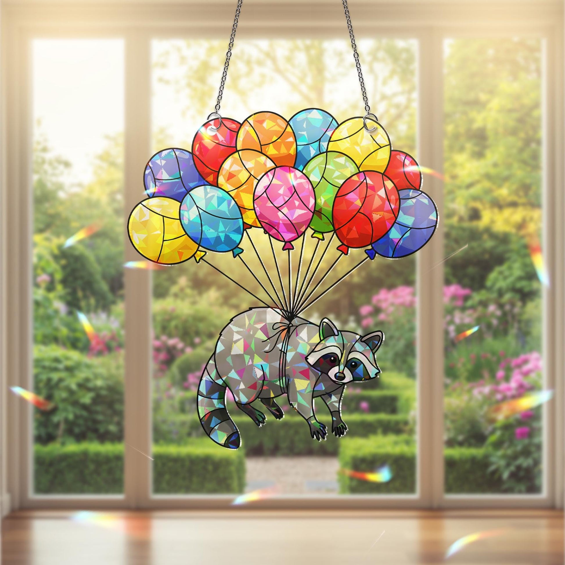Colorful Raccoon Balloon Suncatcher, Holographic Acrylic Window Hanging, Stained Glass Look Animal Decor, Cute Raccoon Gift, Raccoon Lover