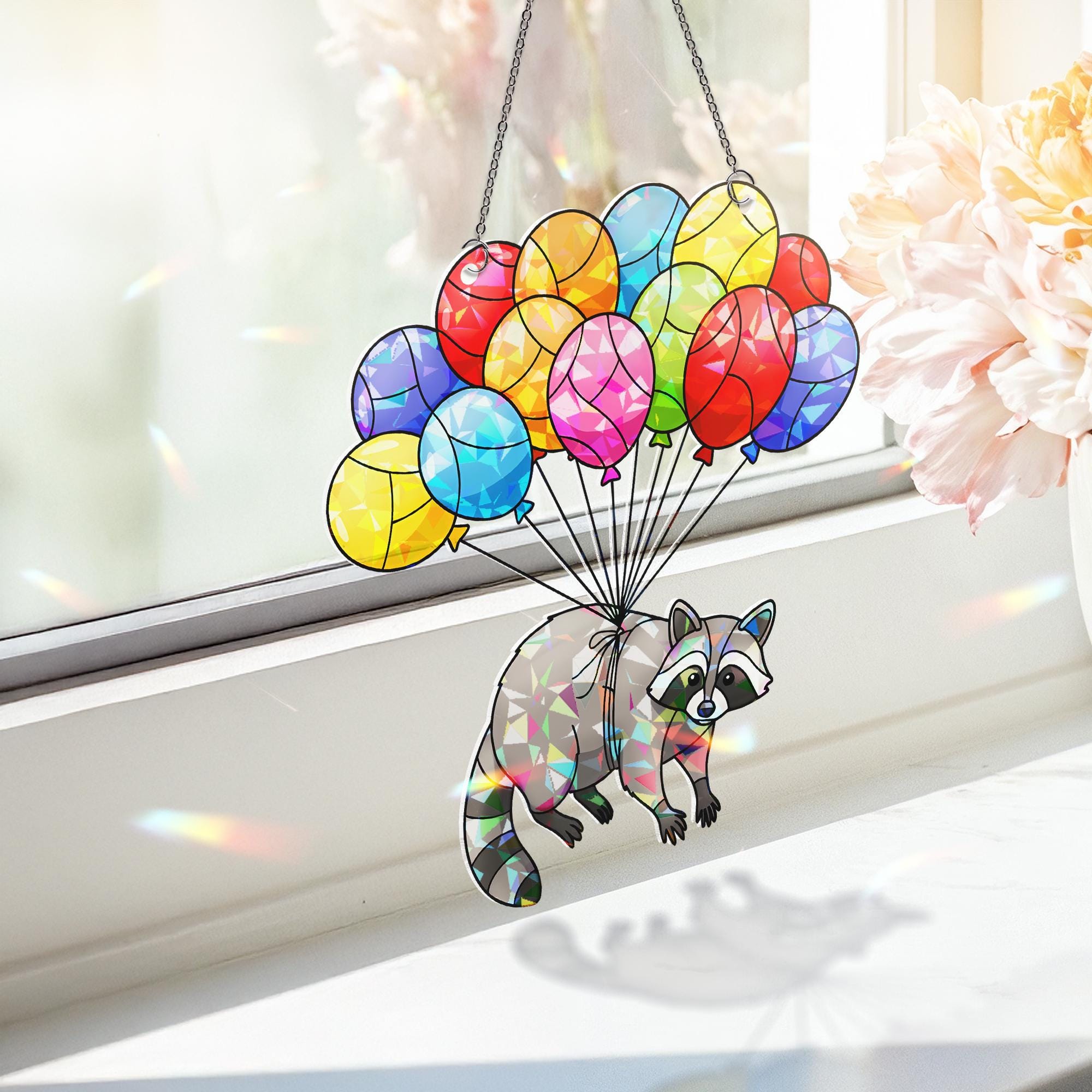 Colorful Raccoon Balloon Suncatcher, Holographic Acrylic Window Hanging, Stained Glass Look Animal Decor, Cute Raccoon Gift, Raccoon Lover