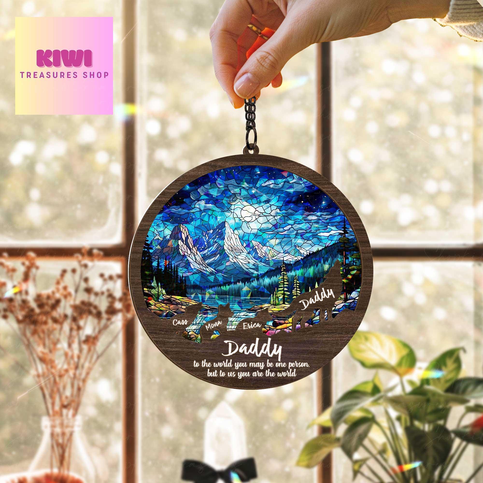 Custom Daddy Acrylic Wood Suncatcher | Holographic Mountain Scene Gift | Father's Day Personalized Hanging | “You Are the World” Quote