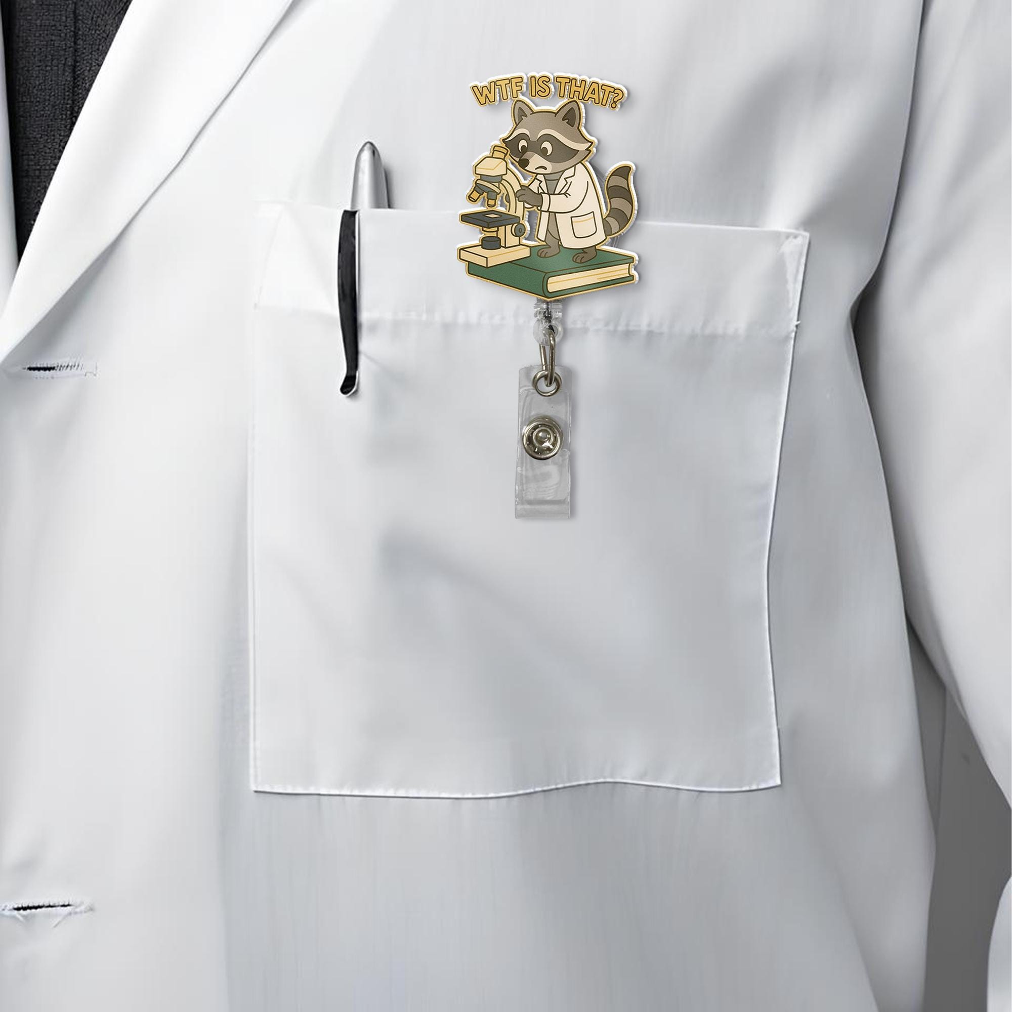 Funny Raccoon Scientist Badge Reel, WTF Is That Quote Microscope Lab Coat Retractable ID Holder, Gift for Nurse Doctor Lab Tech Medical