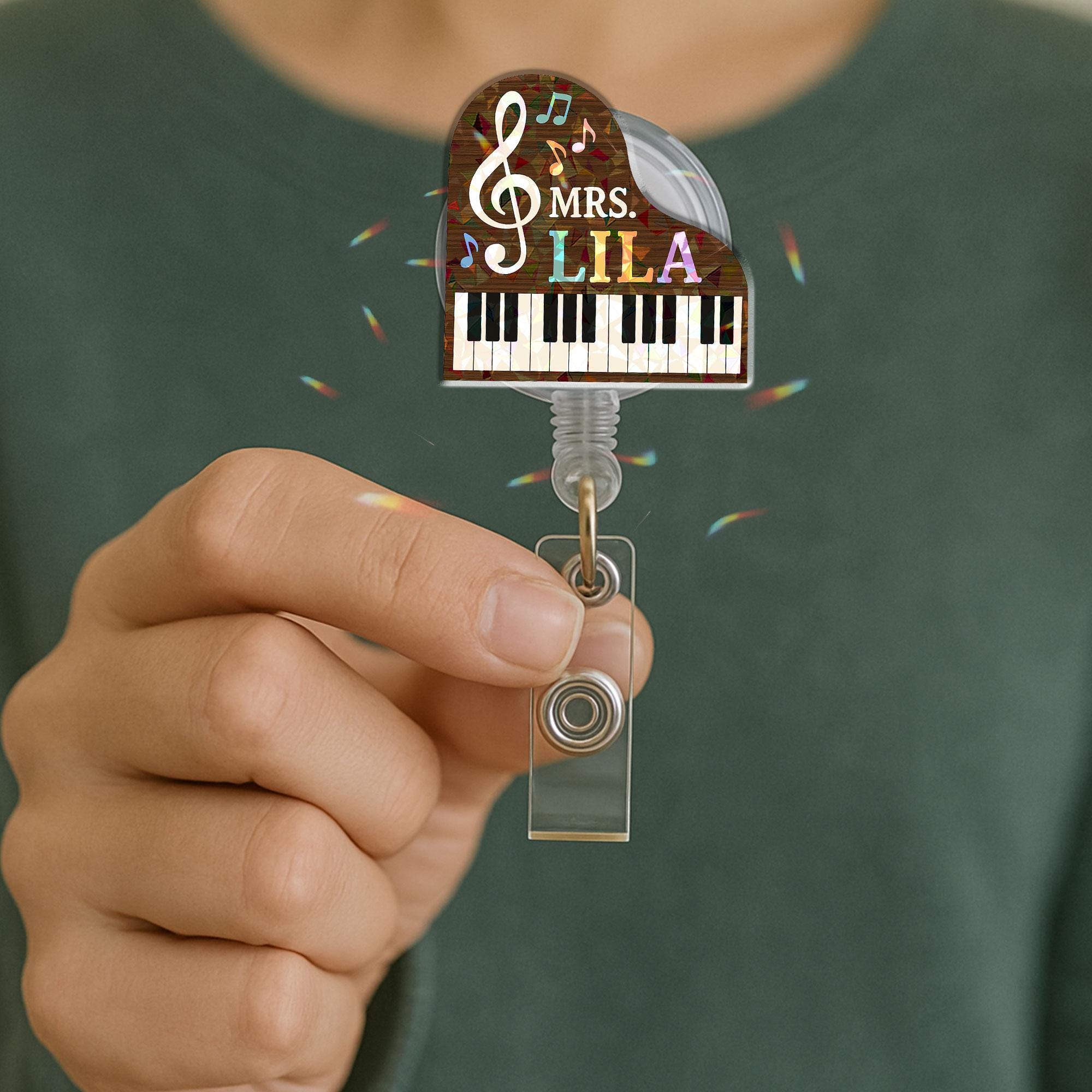 Personalized Grand Piano Badge Reel Custom Name, Cute Music Teacher Gift, Nurse ID Holder, Musician Present, Treble Clef Retractable Clip