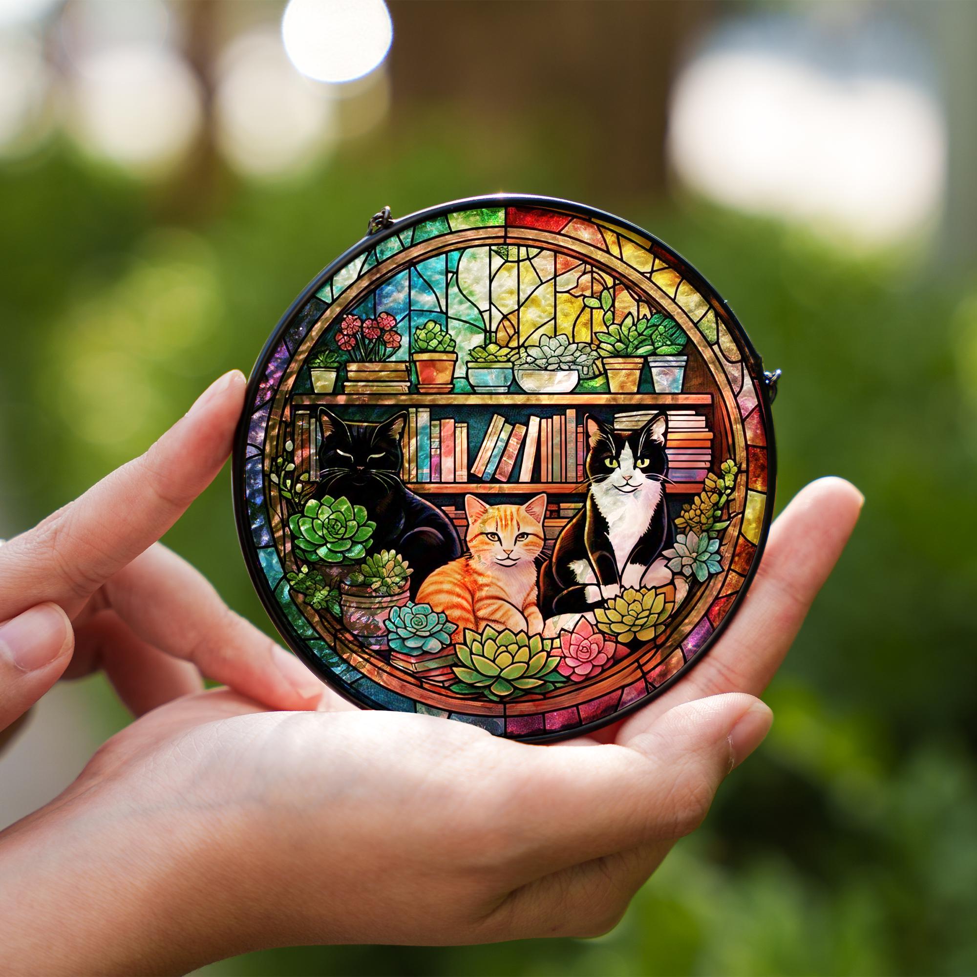 Cozy Cat Bookshelf Suncatcher | Glass Window Art with Succulents & Books | Gift for Cat Lovers | Home Library Decor for cat mom