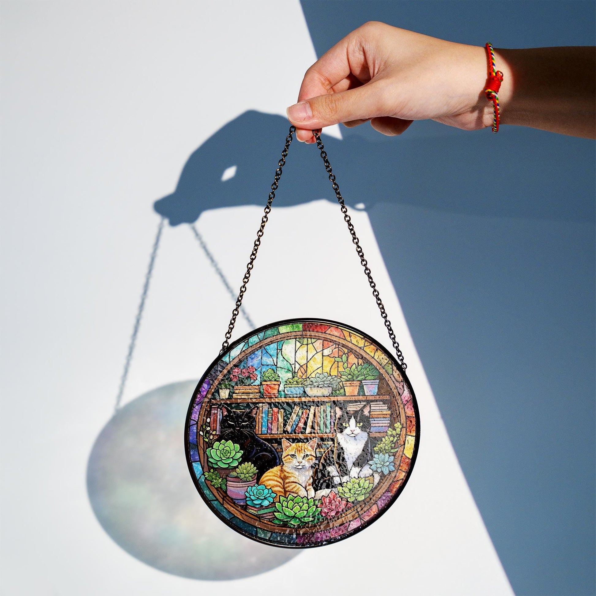 Cozy Cat Bookshelf Suncatcher | Glass Window Art with Succulents & Books | Gift for Cat Lovers | Home Library Decor for cat mom