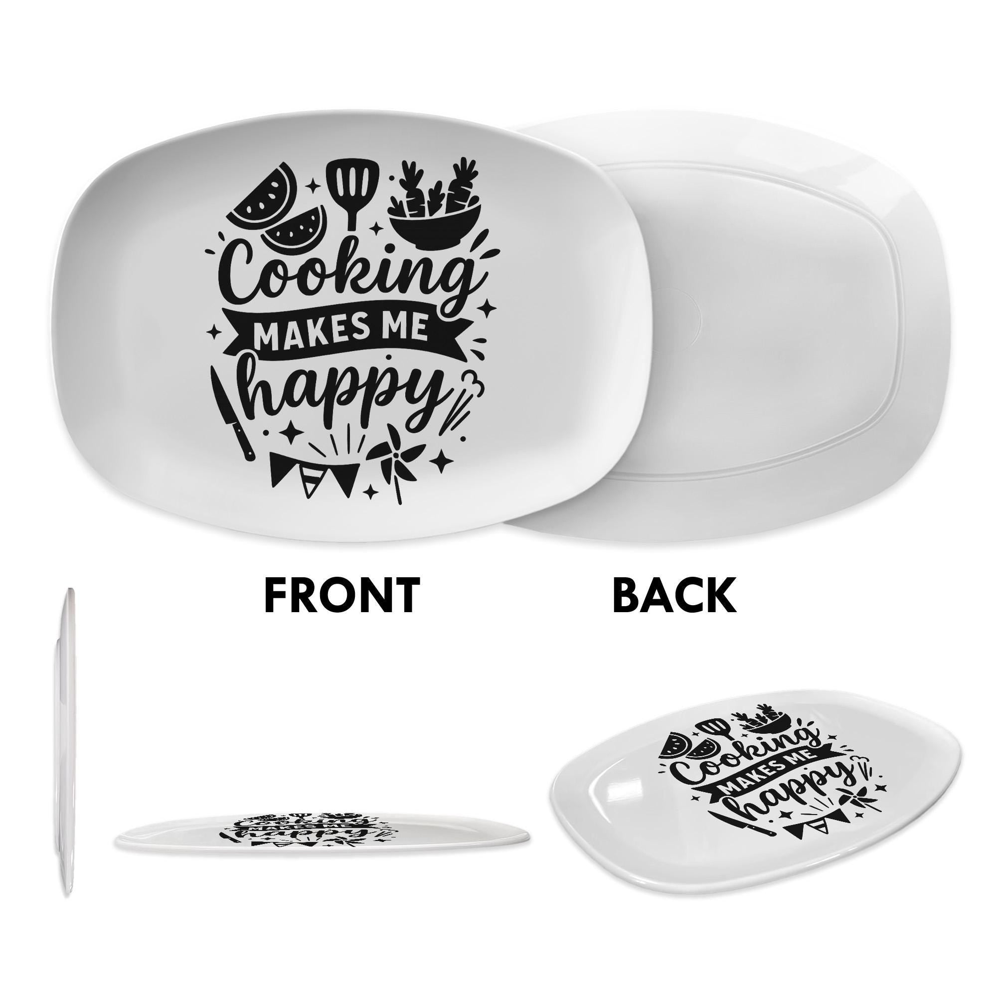 Cooking Makes Me Happy Platter – Funny Kitchen Serveware Tray, Gift for Chefs, Cooks & Food Lovers – Decorative Melamine Plate