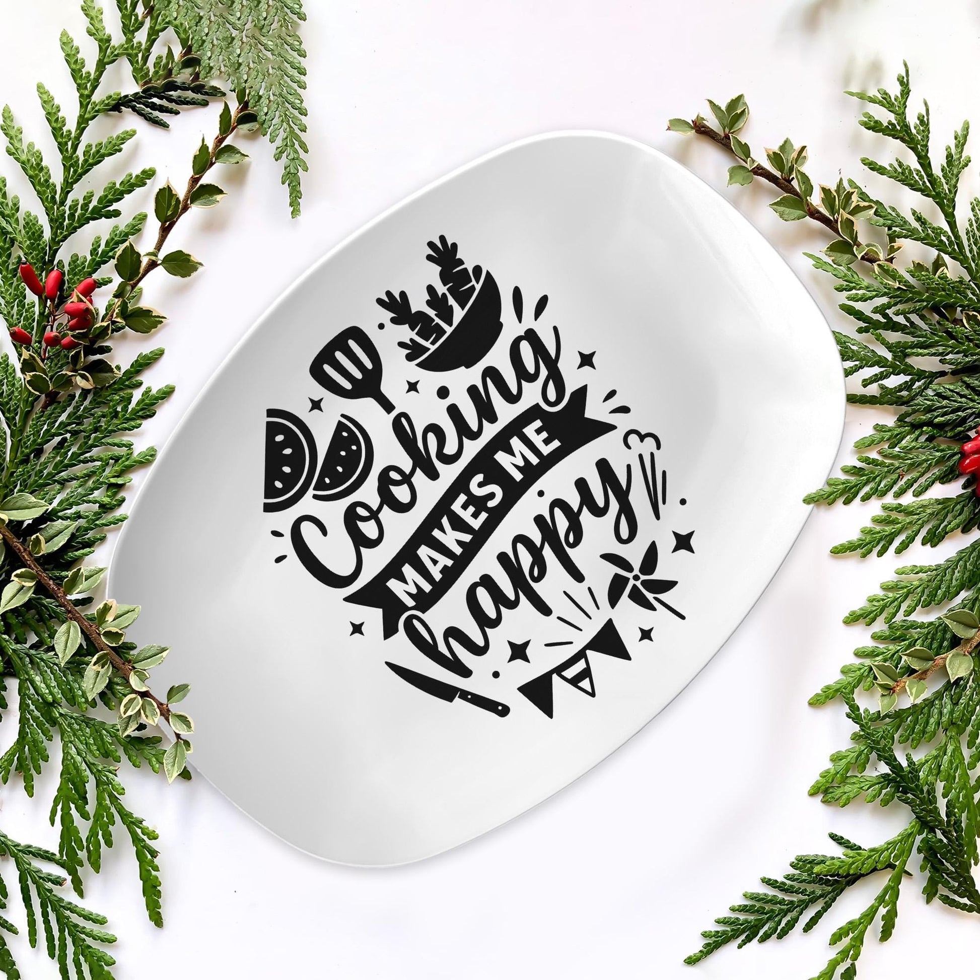 Cooking Makes Me Happy Platter – Funny Kitchen Serveware Tray, Gift for Chefs, Cooks & Food Lovers – Decorative Melamine Plate