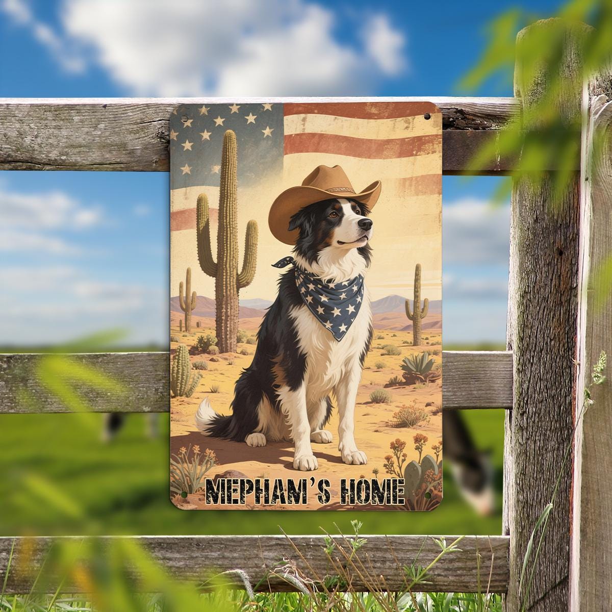 Custom American Flag Border Collie Metal Sign - Western Desert Dog Art, Personalized Cowboy Dog Decor, Ranch Home Wall Art Gift