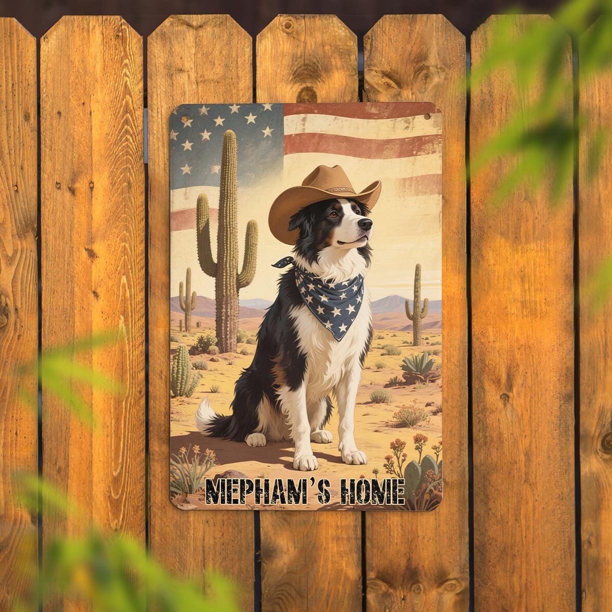 Custom American Flag Border Collie Metal Sign - Western Desert Dog Art, Personalized Cowboy Dog Decor, Ranch Home Wall Art Gift