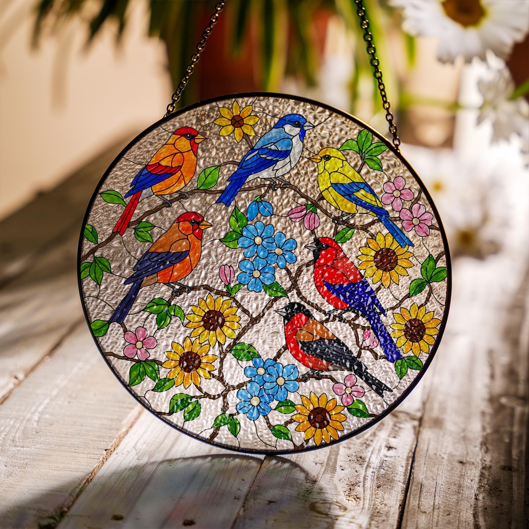 Colorful Birds & Flowers Glass Suncatcher – Stained Glass Style Window Hanging – Nature-Inspired Home or Garden Decor Gift, Gift For Mom