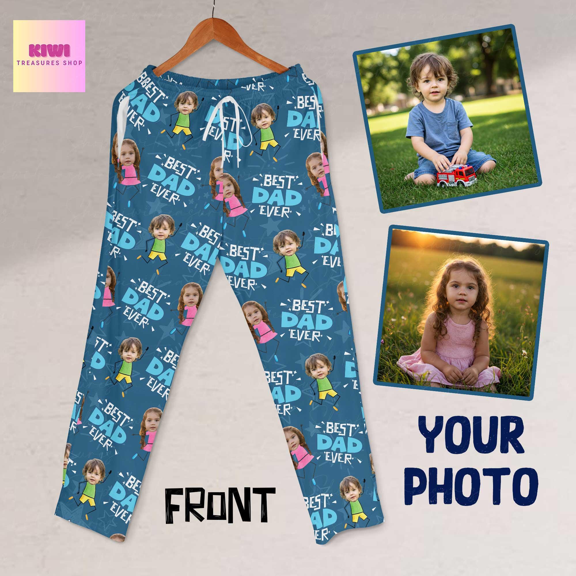 Custom Best Dad Ever Pajama Pants – Personalized Photo Lounge Pants Gift from Kids, Funny Gift for Dad or Papa