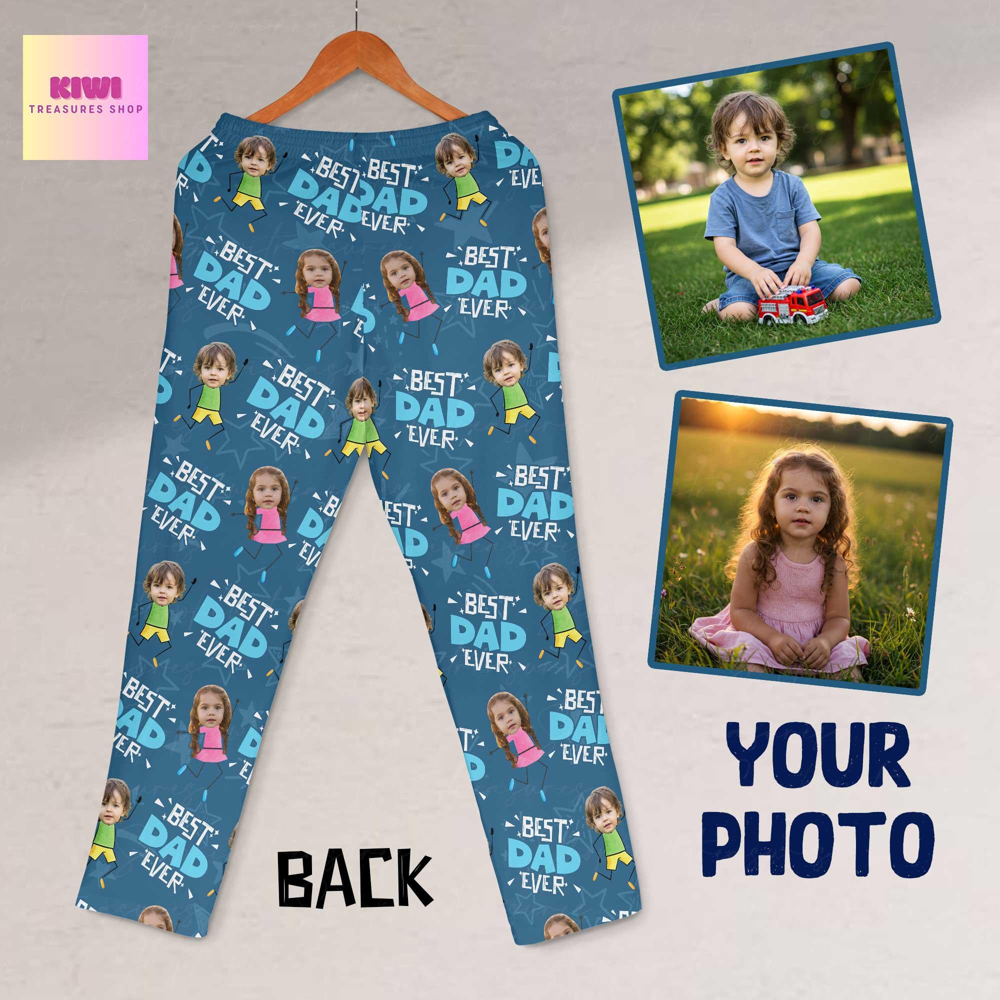 Custom Best Dad Ever Pajama Pants – Personalized Photo Lounge Pants Gift from Kids, Funny Gift for Dad or Papa