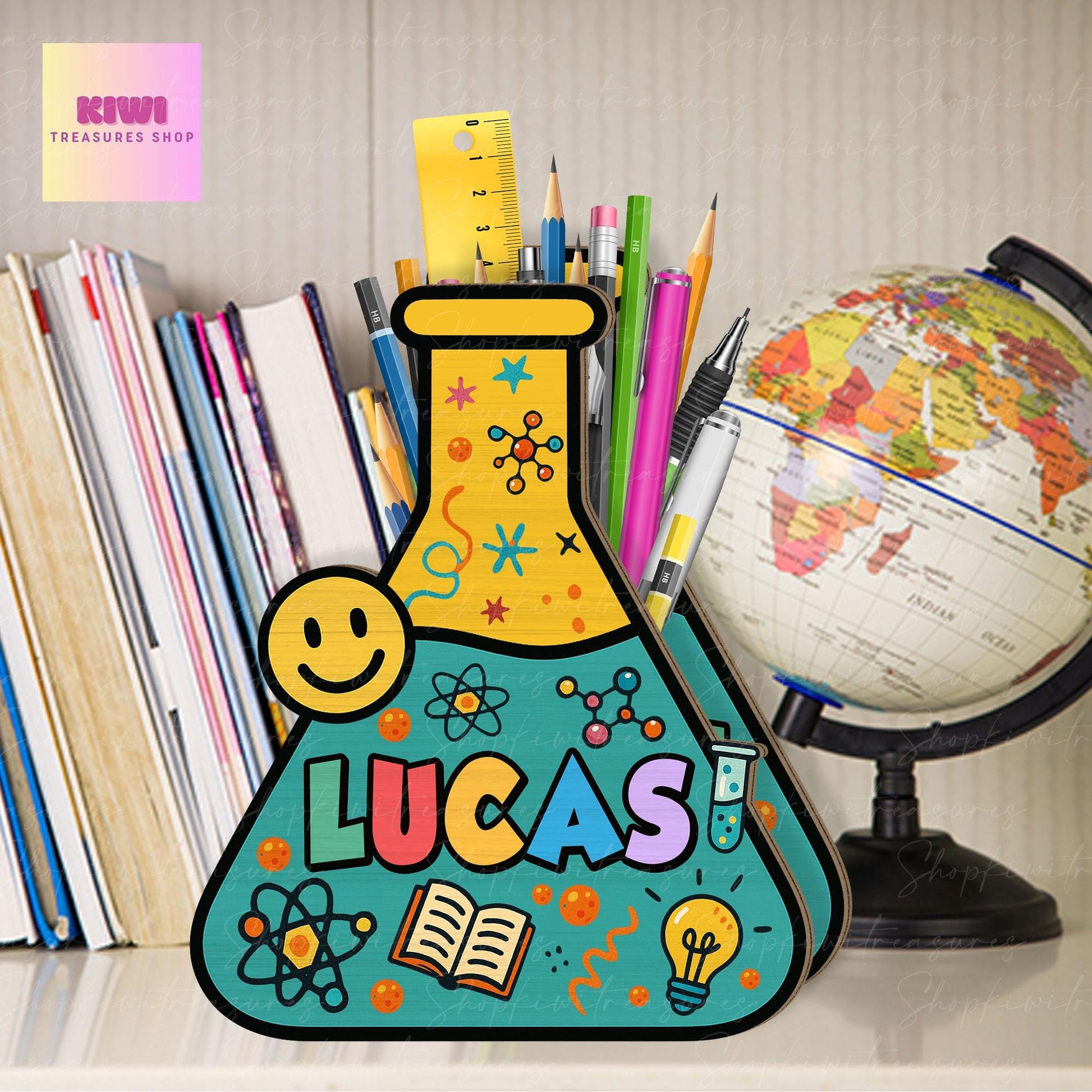 Personalized Science Teacher Pen Holder, Lab Tech Gift, Wooden Chemistry Desk Organizer, Back to School Teacher Gift, STEM Classroom Decor