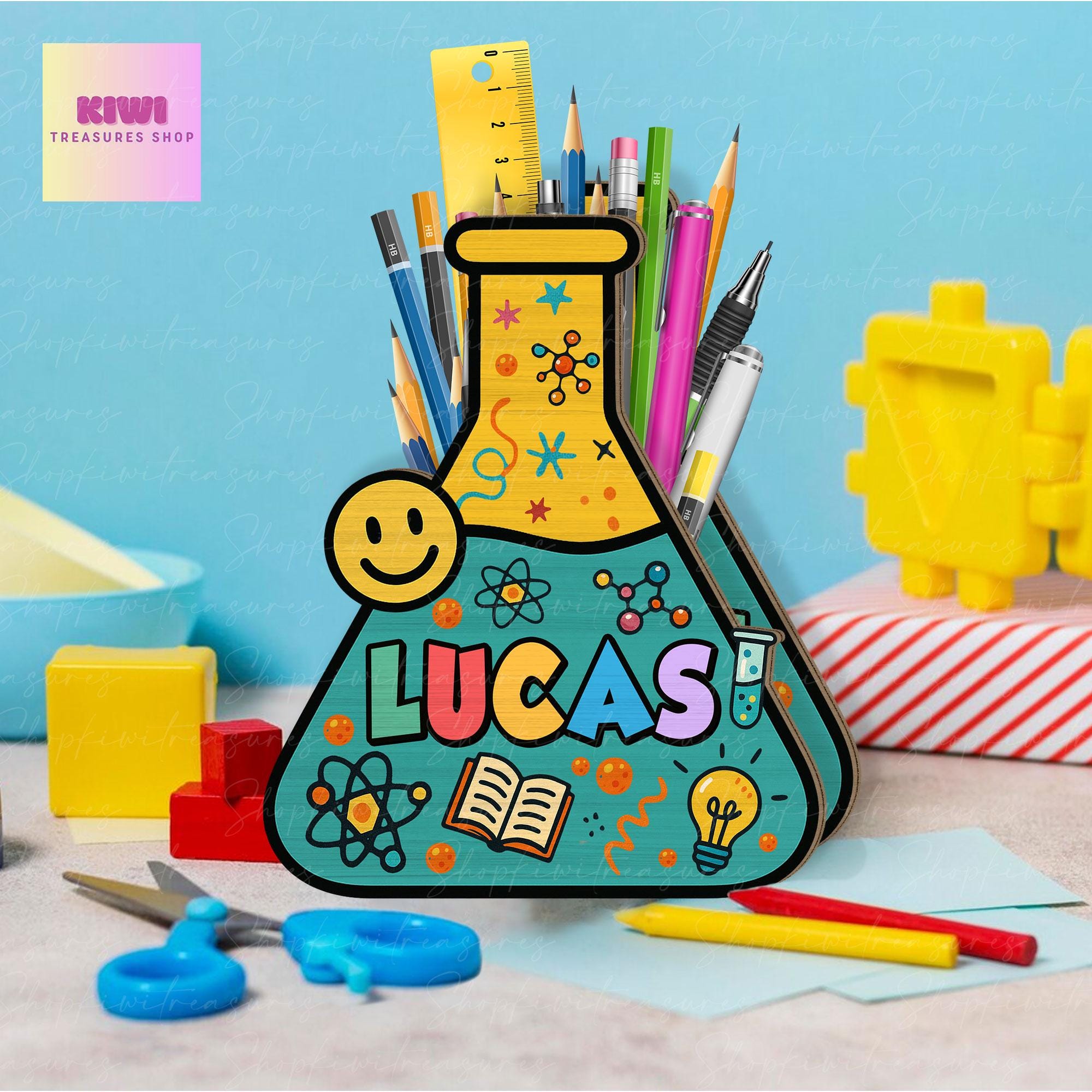 Personalized Science Teacher Pen Holder, Lab Tech Gift, Wooden Chemistry Desk Organizer, Back to School Teacher Gift, STEM Classroom Decor