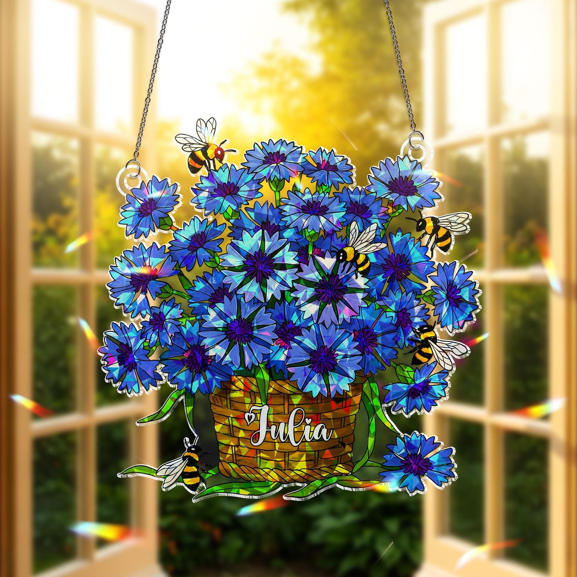 Personalized Cornflower & Bee Acrylic Window Hanging Ornament, Floral Home Decor, Custom Name Gift, Nature Lover, Mom Birthday Gift