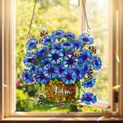 Personalized Cornflower & Bee Acrylic Window Hanging Ornament, Floral Home Decor, Custom Name Gift, Nature Lover, Mom Birthday Gift