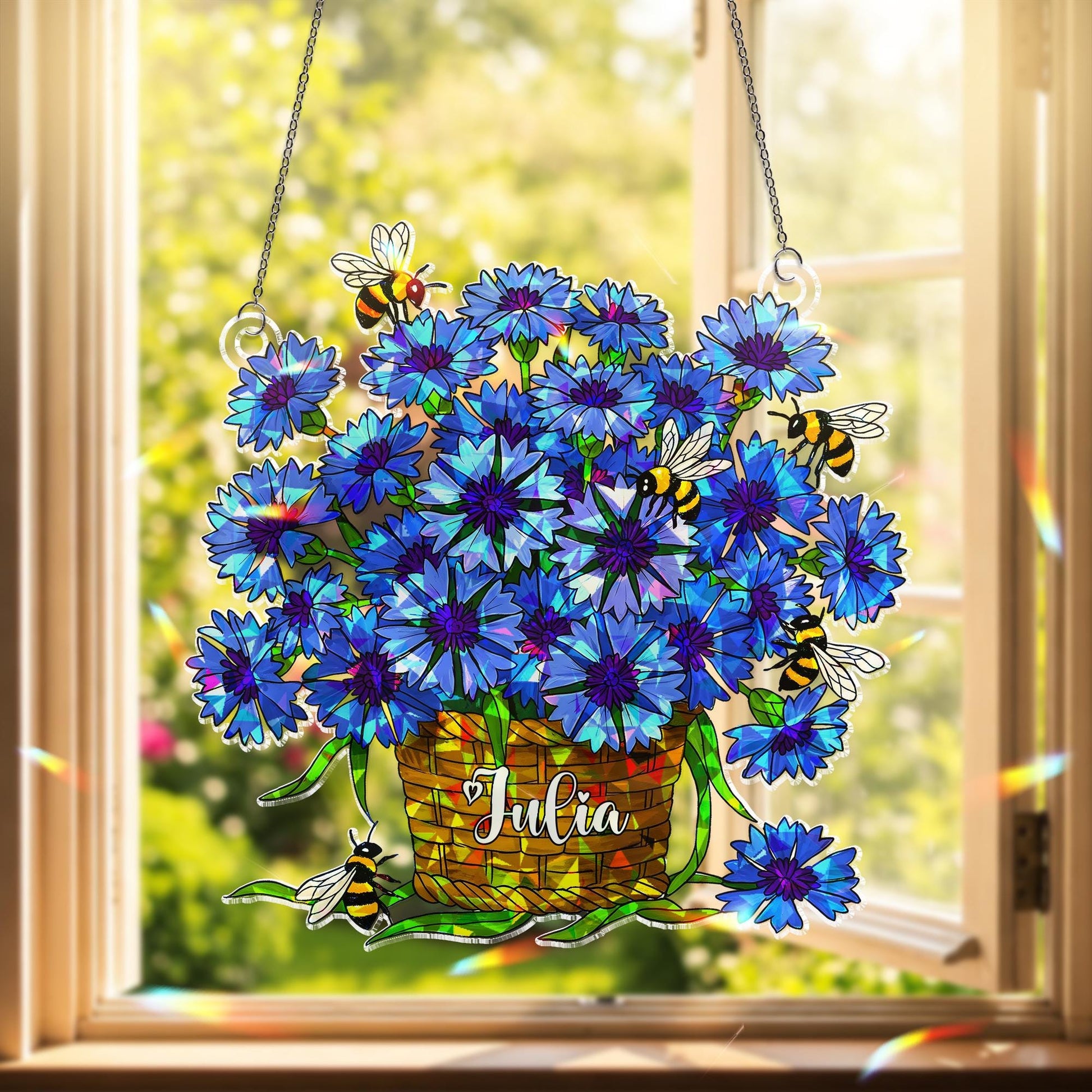 Personalized Cornflower & Bee Acrylic Window Hanging Ornament, Floral Home Decor, Custom Name Gift, Nature Lover, Mom Birthday Gift
