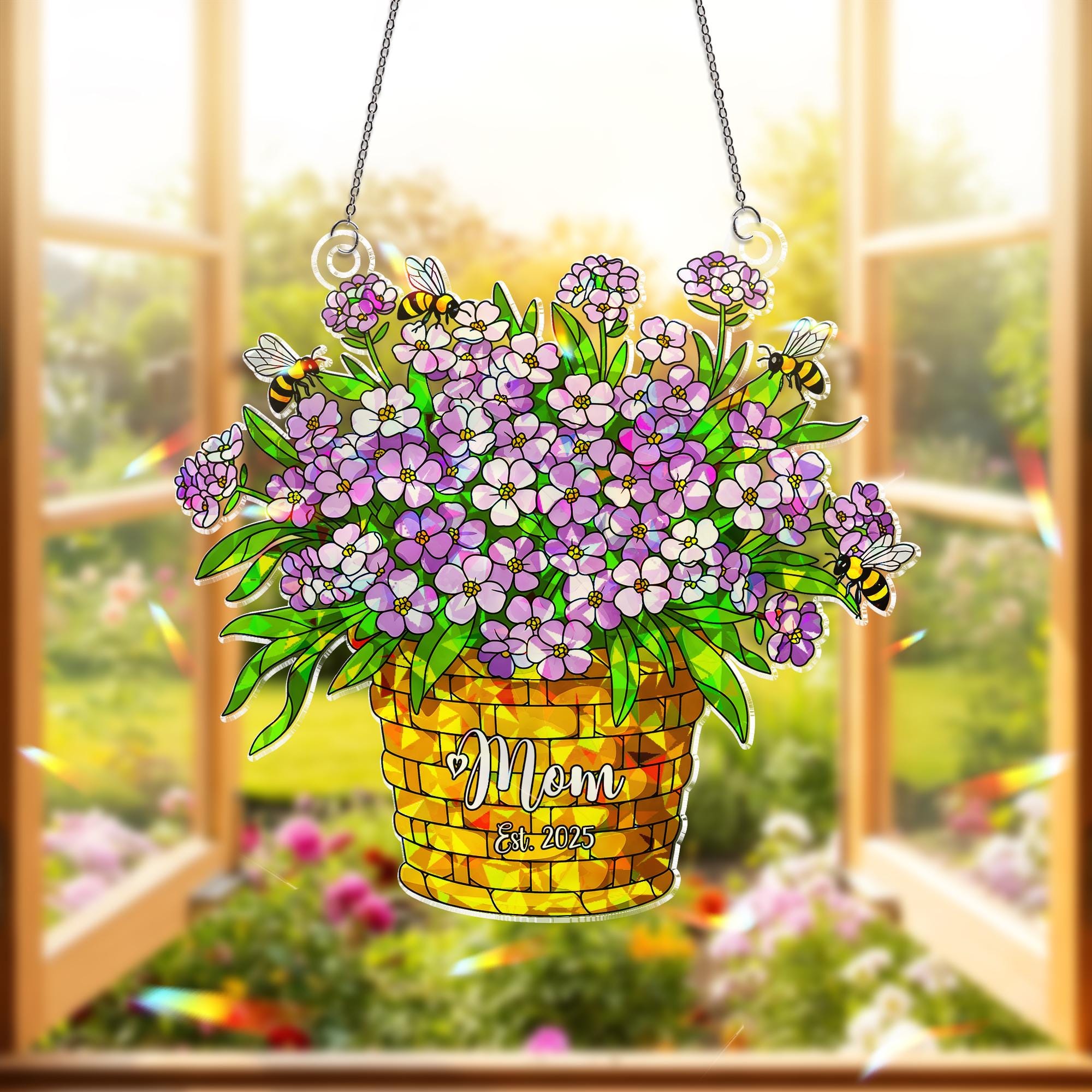 Personalized Sweet Alyssum Mom Floral Ornament, Custom Year Acrylic Window Hanging, Bee Lover Gift for Her, Garden Mom, Flower Lover Gift