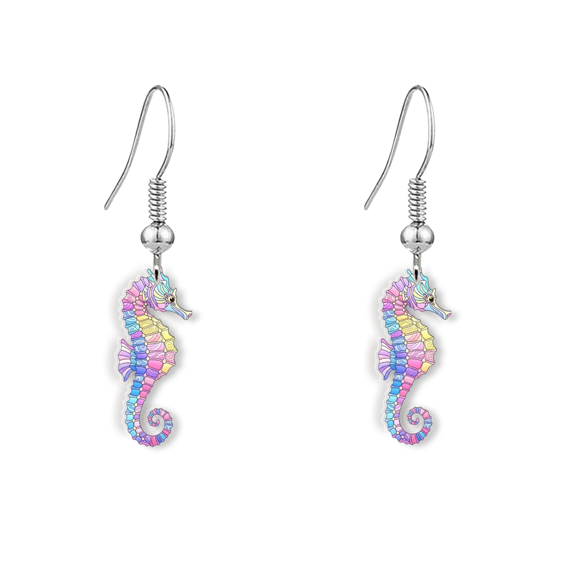 Colorful Seahorse Earrings – Ocean-Inspired Rainbow Sea Creature Jewelry, Mermaidcore Beach Gift for Her, Fun Summer Dangle Earrings