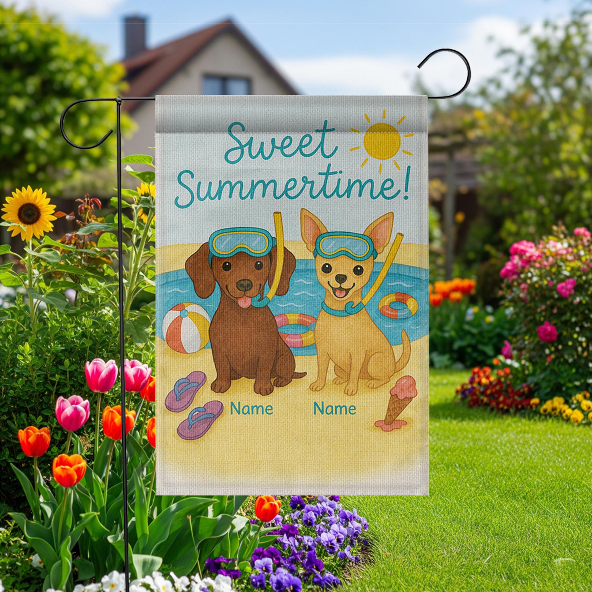 Custom Dog Breed Summer Garden Flag, Sweet Summertime Personalized Yard Decor, Pool Party Dog Flag with Pet Names, Outdoor Gift