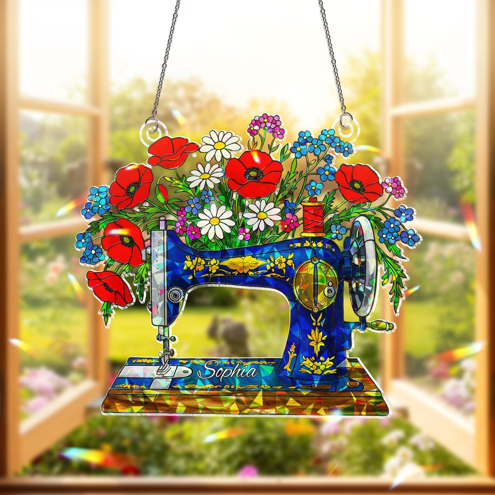 Personalized Sewing Machine Floral Acrylic Window Hanging Ornament, Custom Name Vintage Style Home Craft Room Decor Gift, Mom Quilter Decor