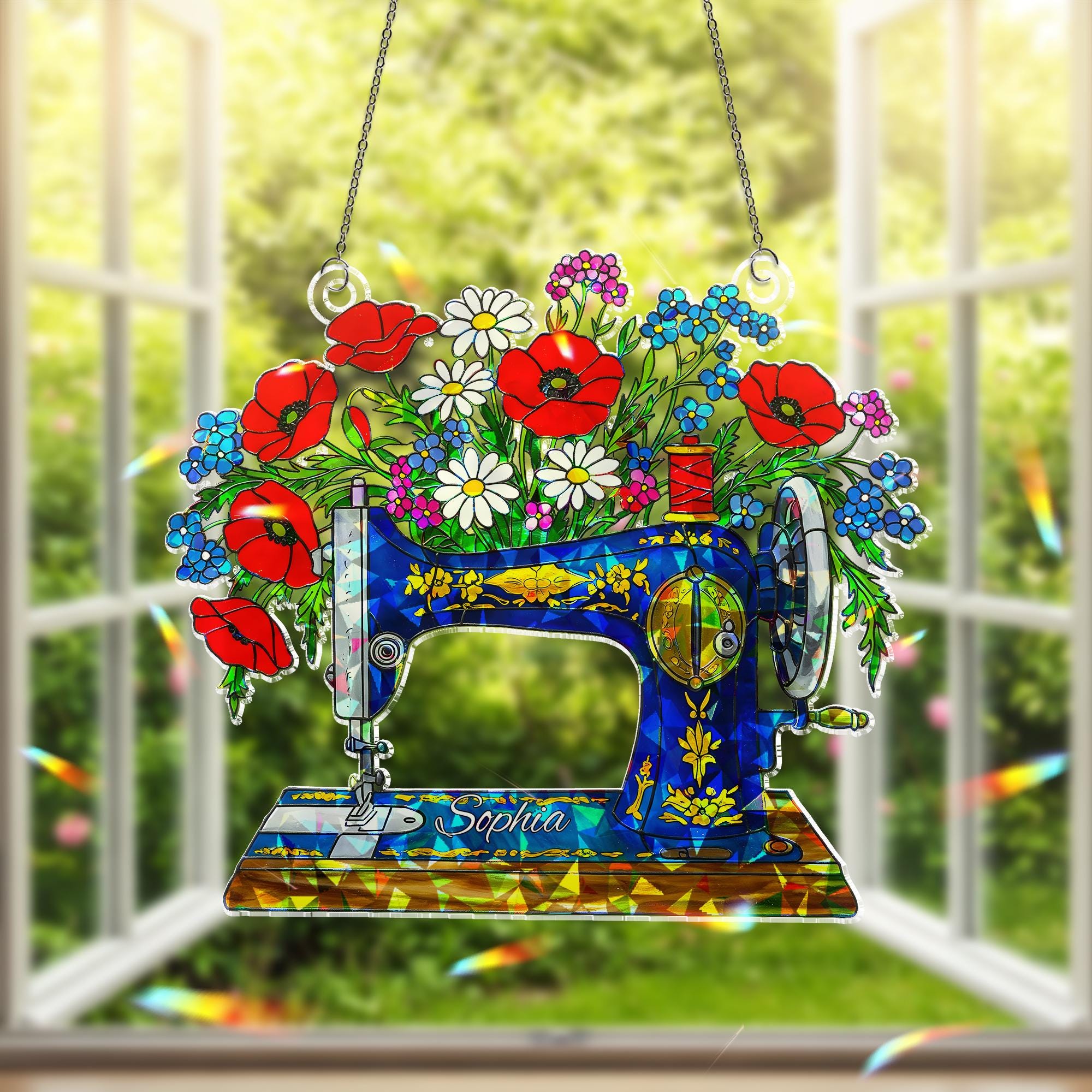 Personalized Sewing Machine Floral Acrylic Window Hanging Ornament, Custom Name Vintage Style Home Craft Room Decor Gift, Mom Quilter Decor