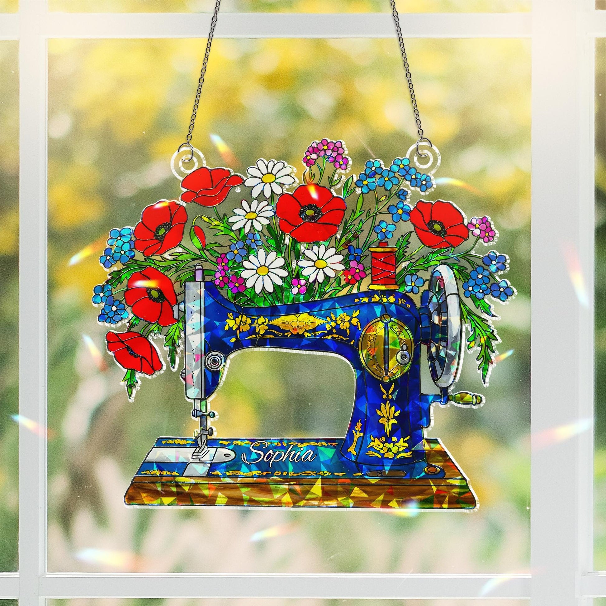 Personalized Sewing Machine Floral Acrylic Window Hanging Ornament, Custom Name Vintage Style Home Craft Room Decor Gift, Mom Quilter Decor