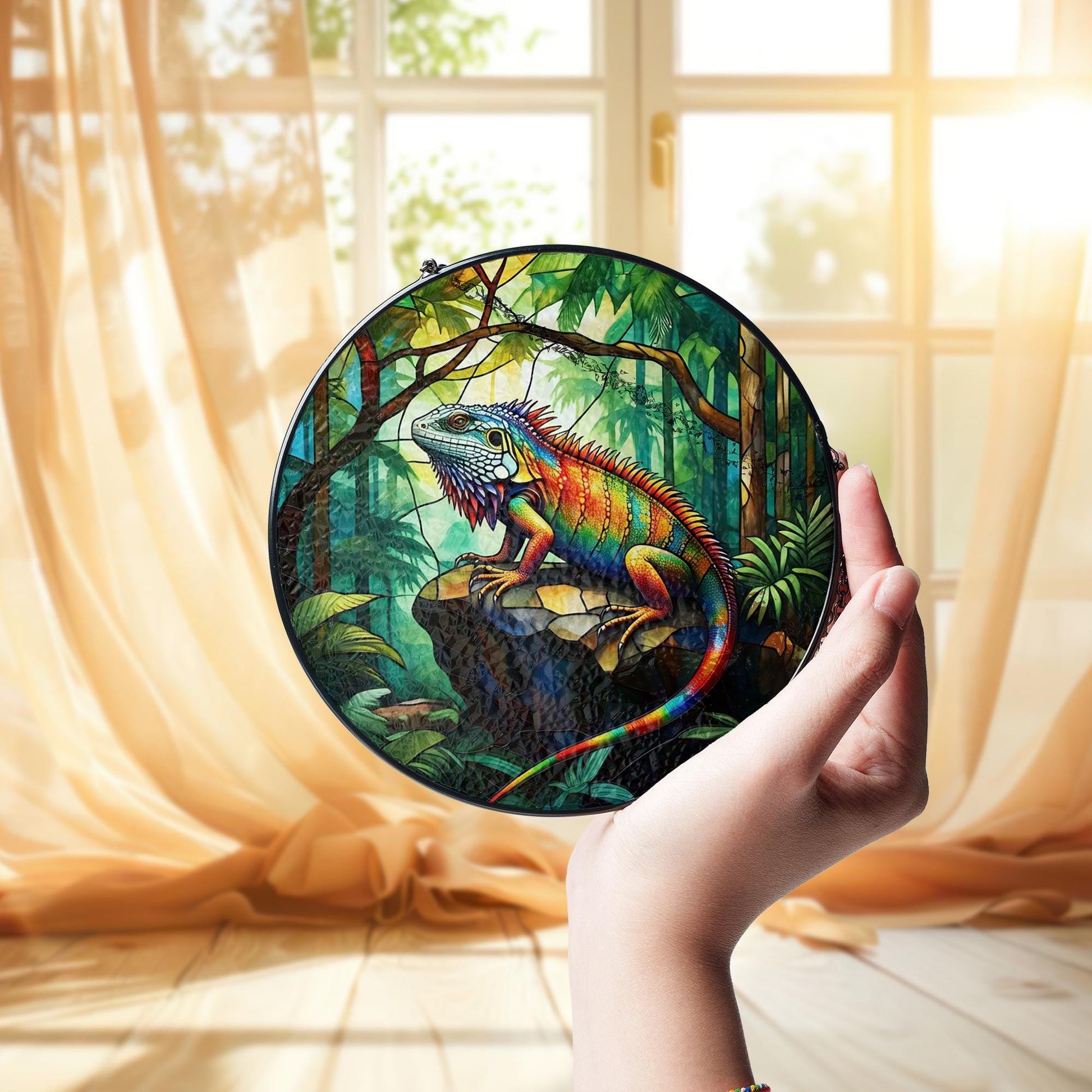 Colorful Iguana Glass Suncatcher – Jungle Lizard Glass Style Hanging Art for Reptile Lovers, Terrarium or Nature Window Decor, Lizard Lover