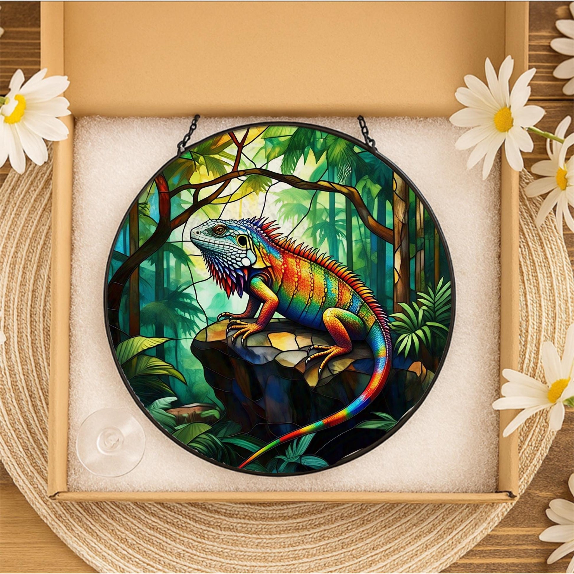 Colorful Iguana Glass Suncatcher – Jungle Lizard Glass Style Hanging Art for Reptile Lovers, Terrarium or Nature Window Decor, Lizard Lover
