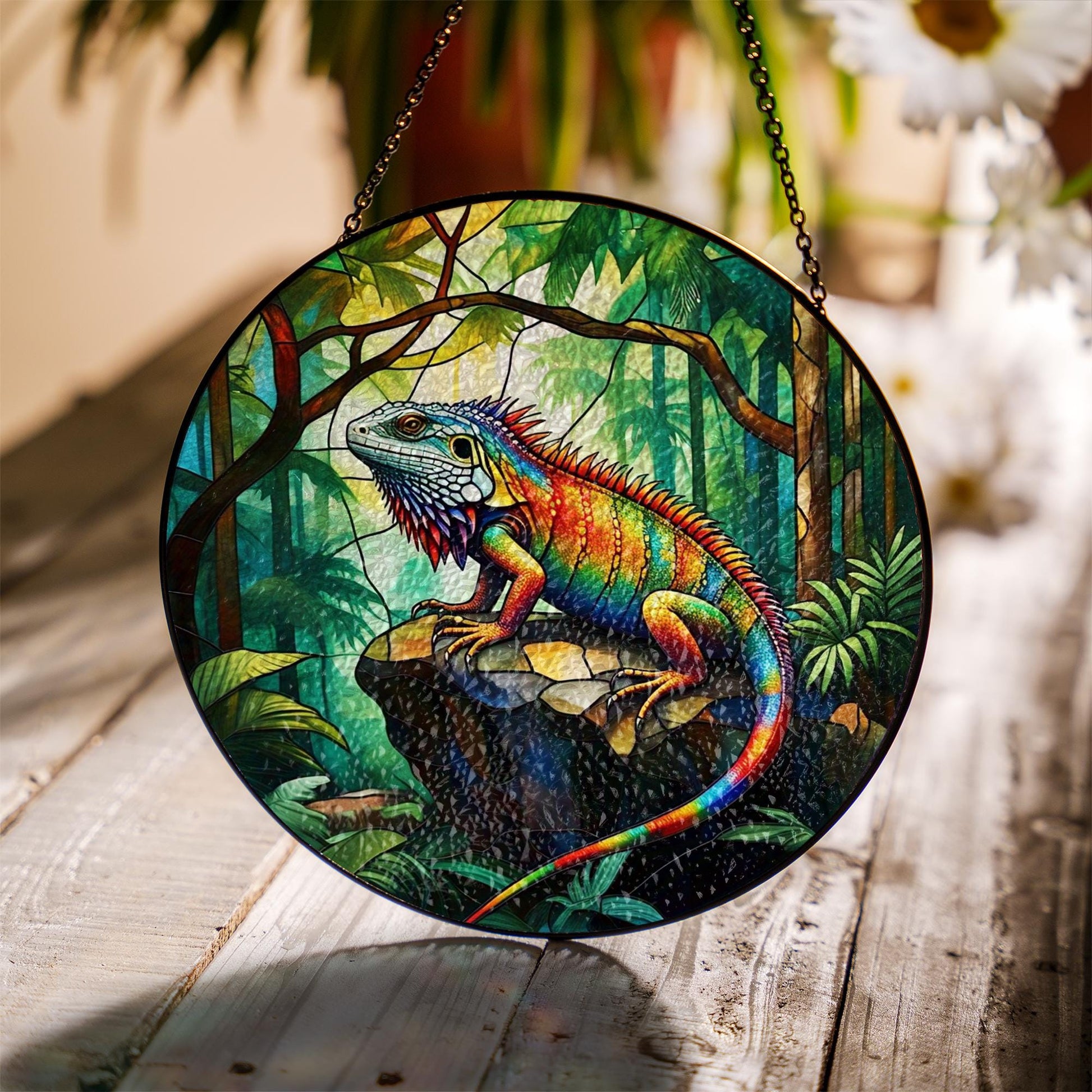 Colorful Iguana Glass Suncatcher – Jungle Lizard Glass Style Hanging Art for Reptile Lovers, Terrarium or Nature Window Decor, Lizard Lover