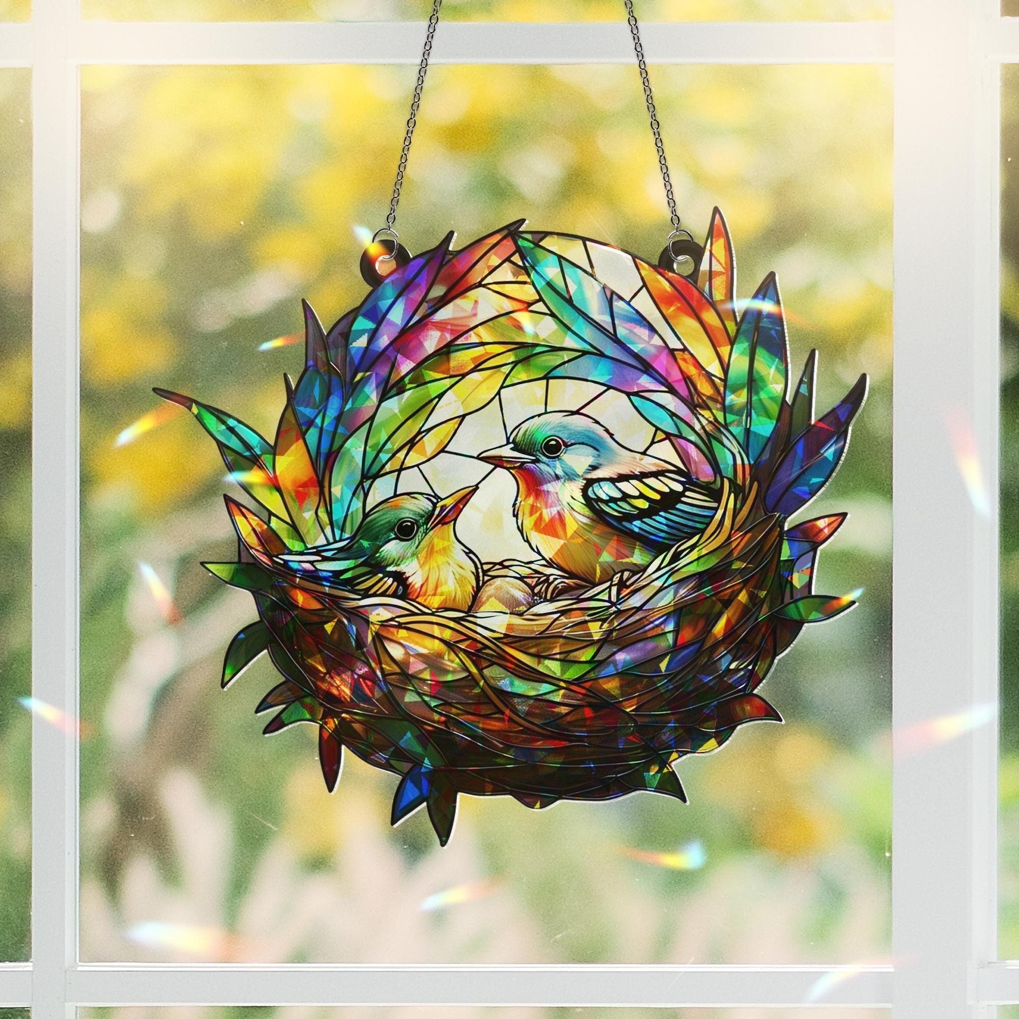 Bird Nest Hologram Acrylic Window Hanging – Baby Birds Decor, Spring Garden Gift, Nature-Inspired Acrylic Window Art, Gift For Mom