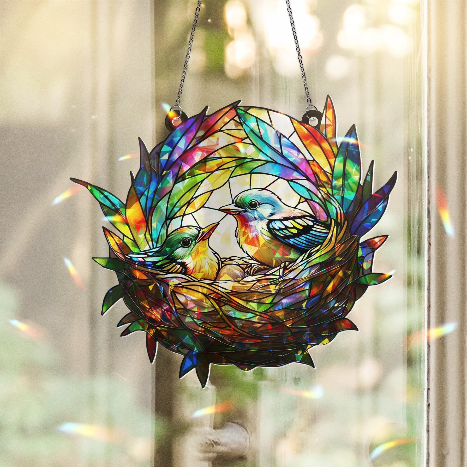 Bird Nest Hologram Acrylic Window Hanging – Baby Birds Decor, Spring Garden Gift, Nature-Inspired Acrylic Window Art, Gift For Mom