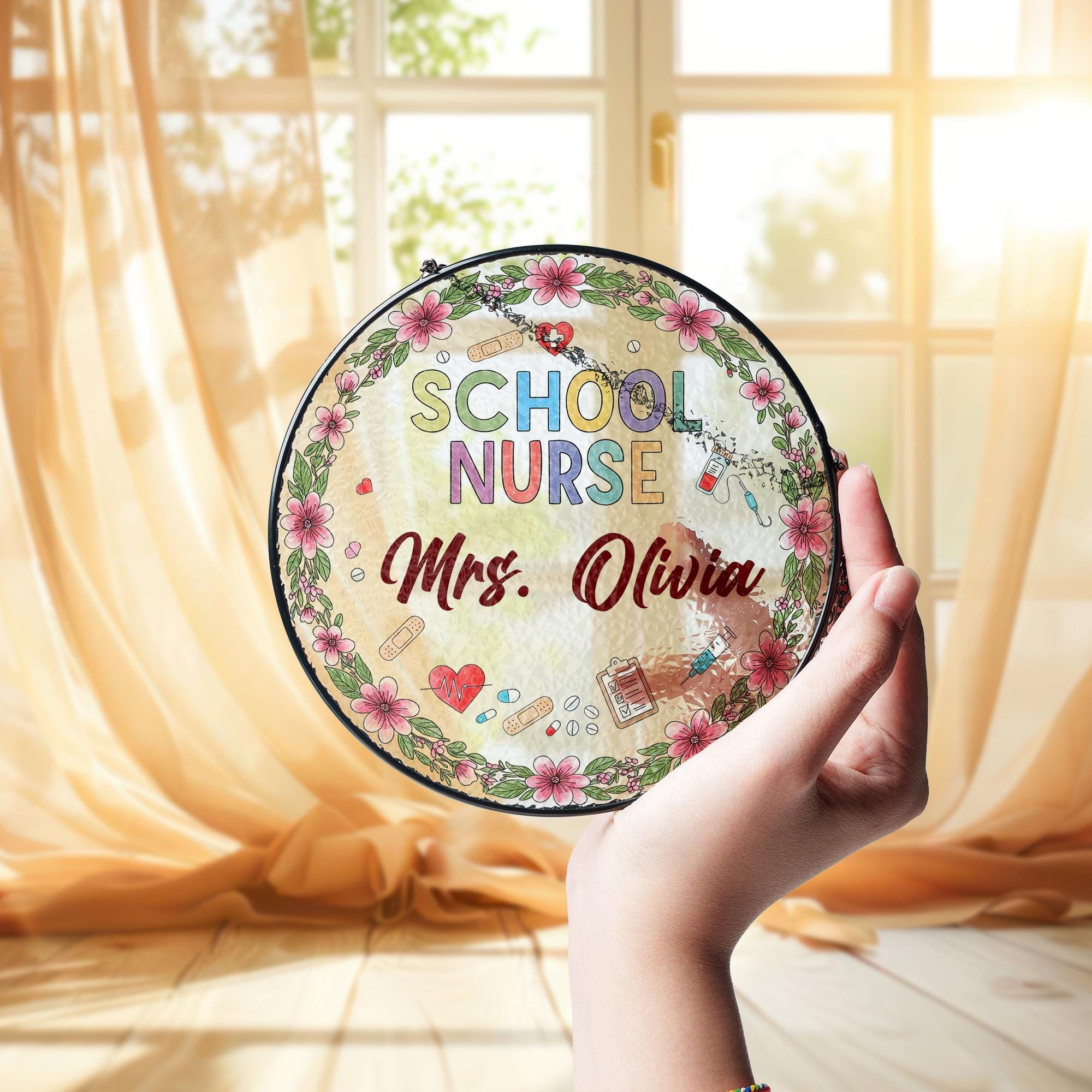 Personalized School Nurse Glass Suncatcher, Nurse Office Decor, Gift for School Nurse, Floral Nurse Name Decor, Nurse Appreciation Gift