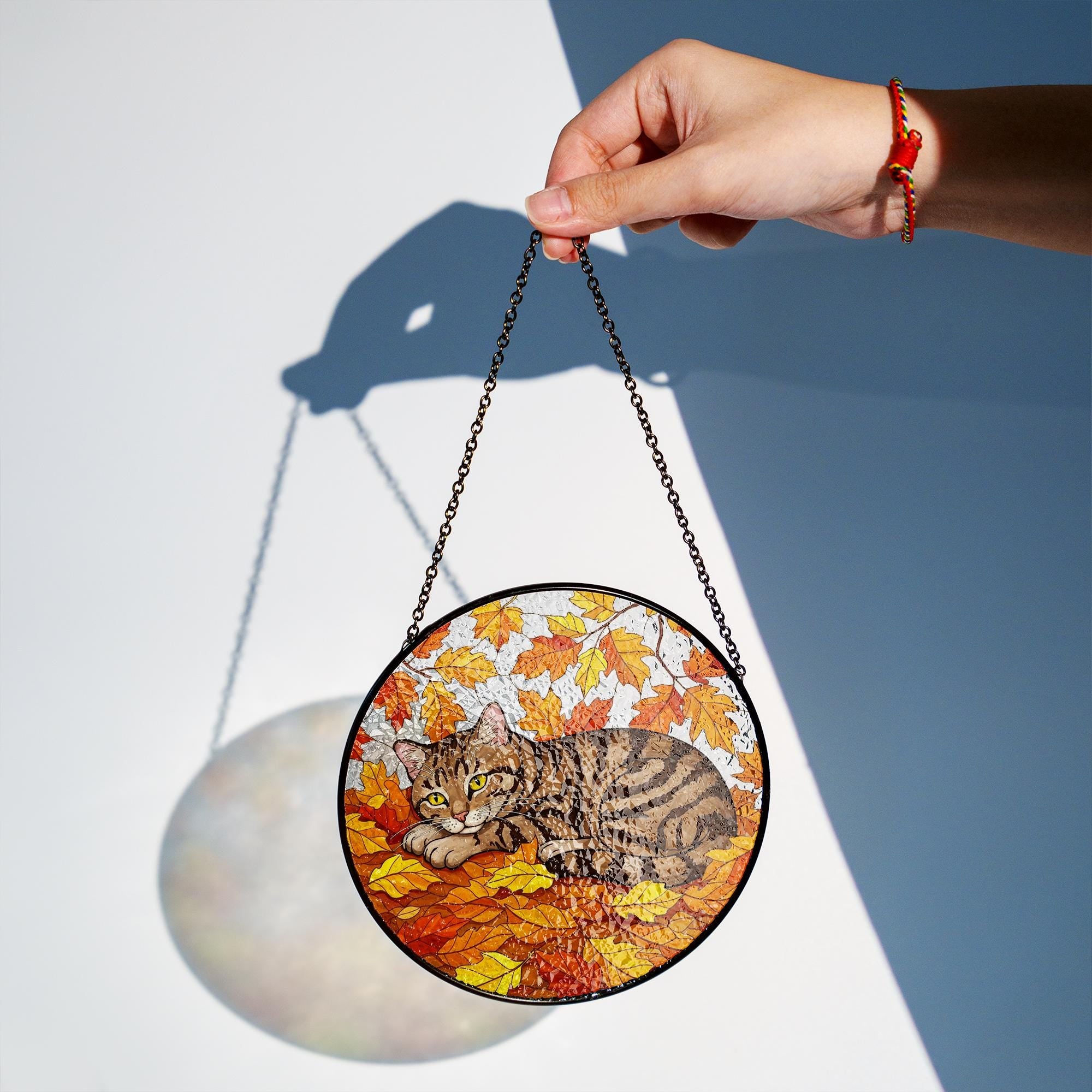 Cozy Tabby Cat in Autumn Leaves Glass Suncatcher – Fall Decor Window Hanging, Tabby Cat Lover Gift, Cat Decor, Cat Lover Gift, Gift For Mom