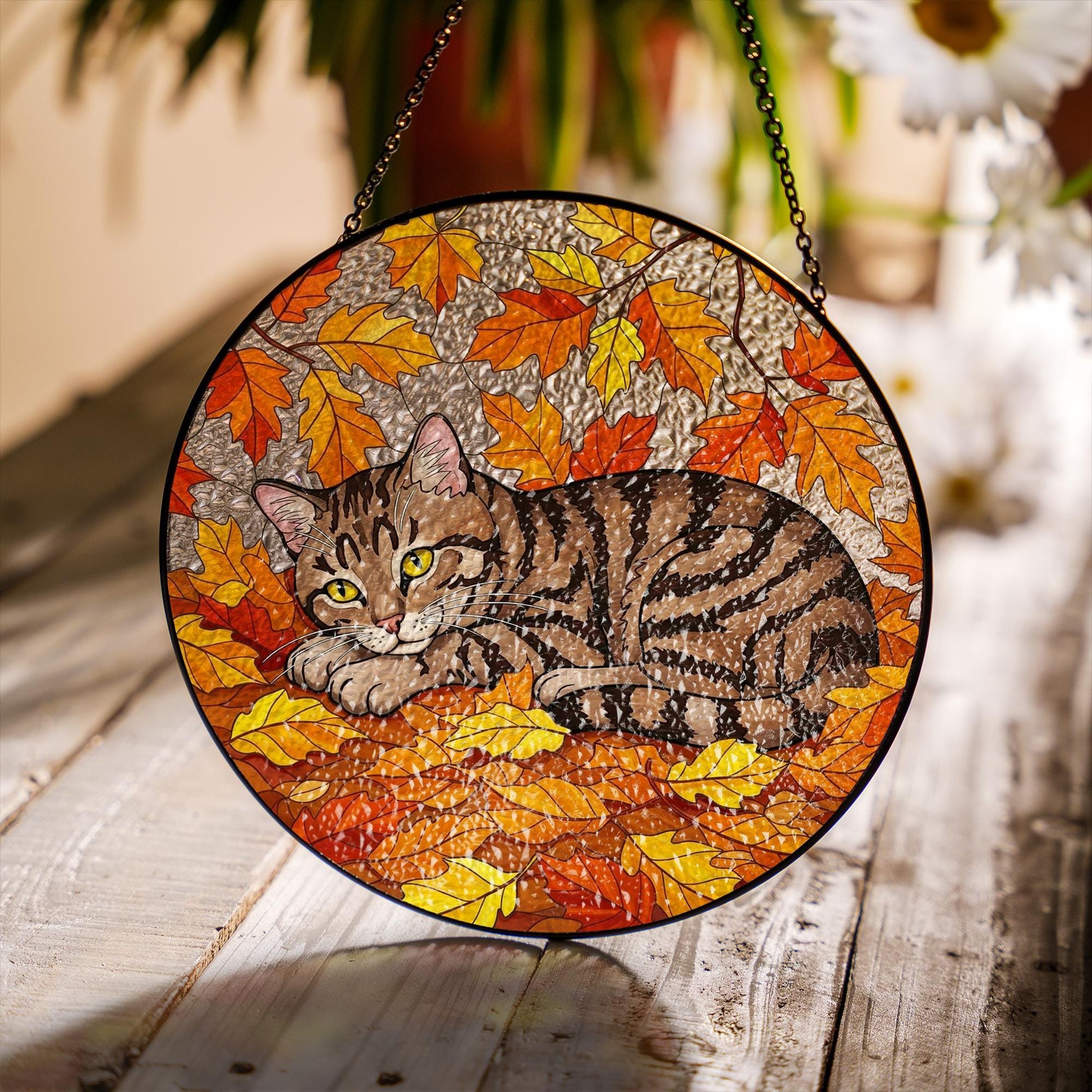 Cozy Tabby Cat in Autumn Leaves Glass Suncatcher – Fall Decor Window Hanging, Tabby Cat Lover Gift, Cat Decor, Cat Lover Gift, Gift For Mom