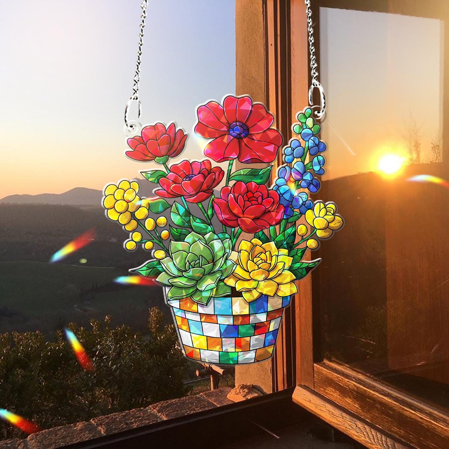 Colorful Floral Basket Hologram Acrylic Window Hanging – Spring Decor, Garden Lover Gift, Home Window Charm, Gift For Mom