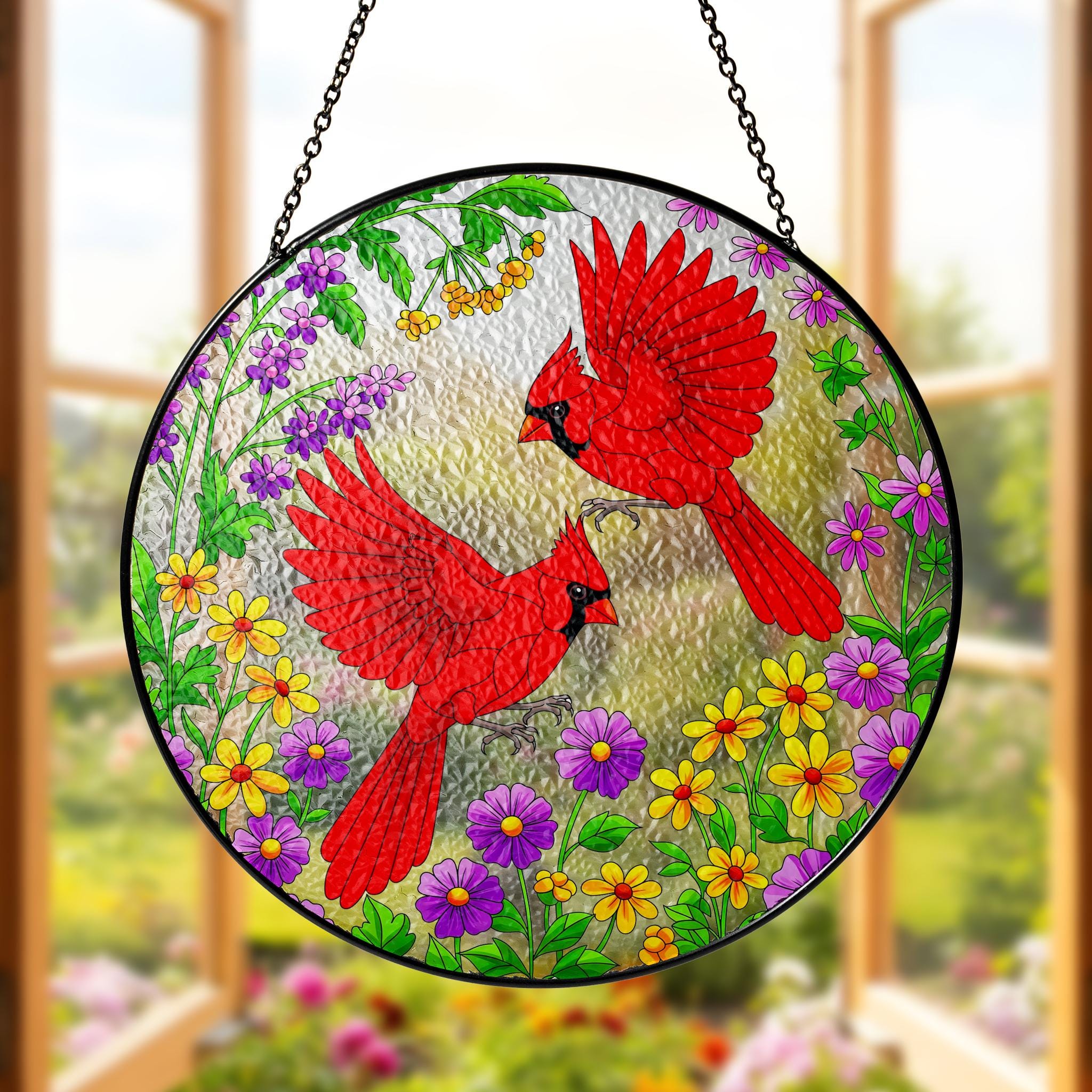 Cardinal Pair Acrylic Glass Suncatcher - Colorful Floral Window Decor, Couple Hanging Ornament, Nature Inspired Art, Cheerful Home