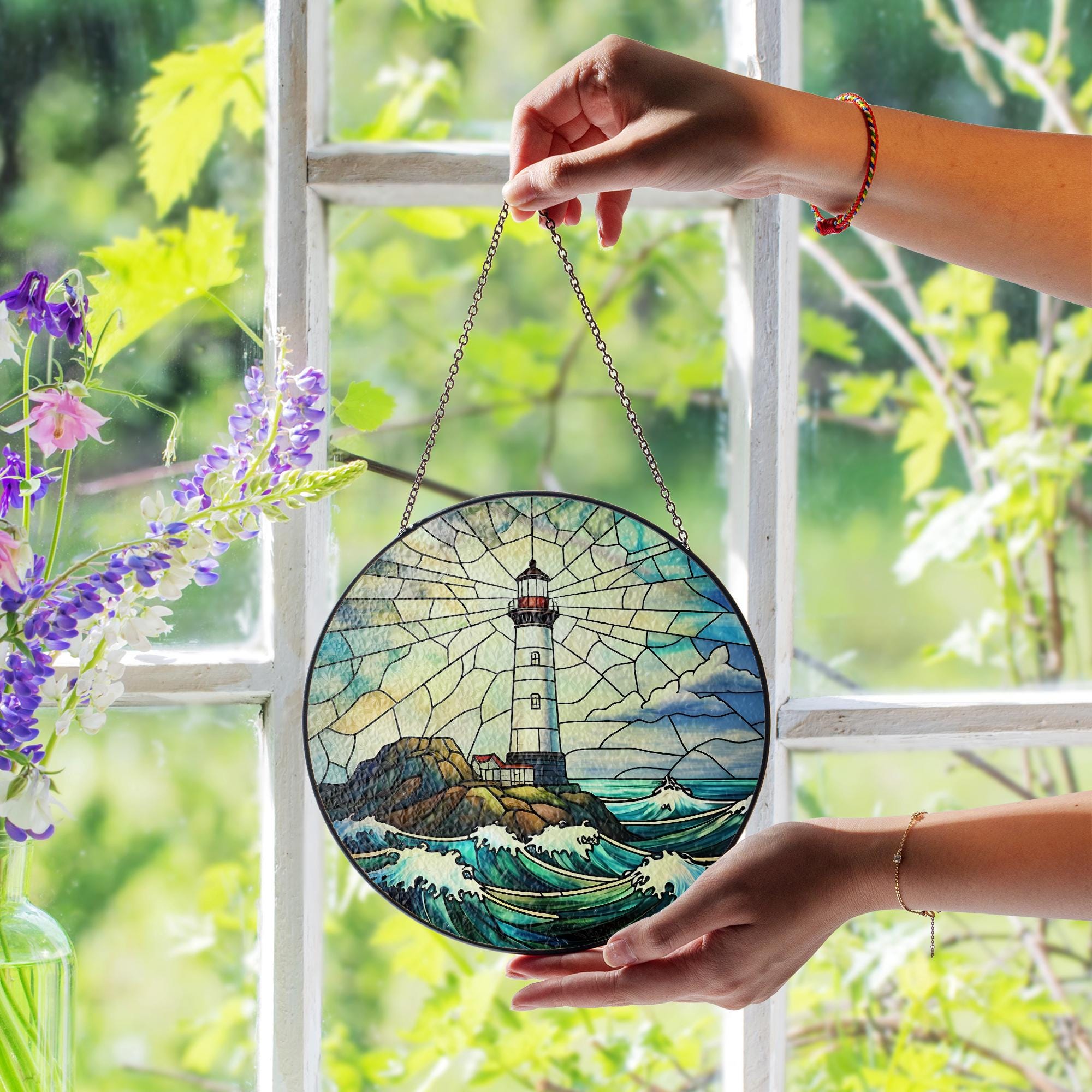 Coastal Lighthouse Glass Suncatcher, Ocean Waves Window Hanging Art, Nautical Decor for Beach House, Sea Lover Gift, Handmade Maritime Charm