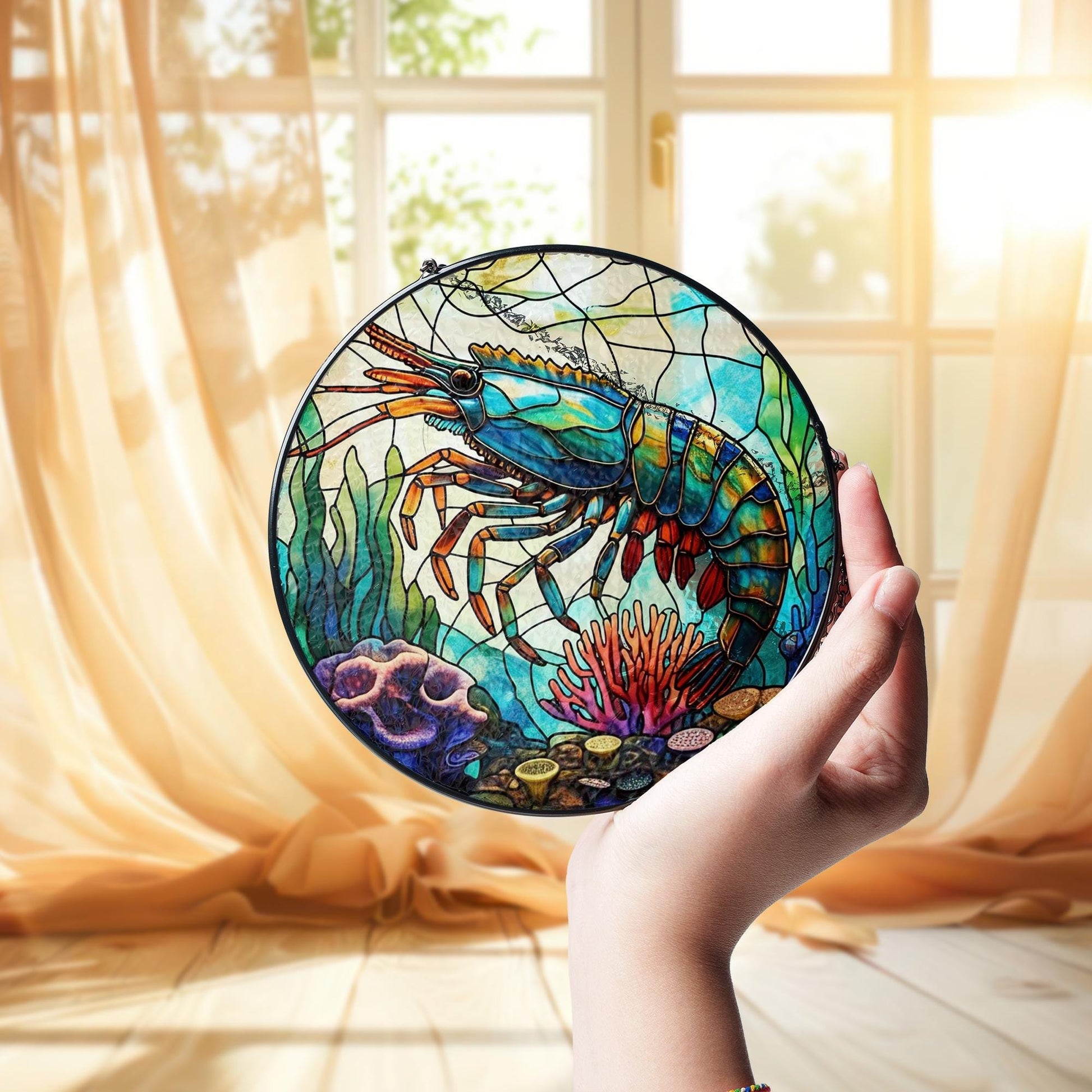 Colorful Shrimp Glass Suncatcher – Ocean Coral Reef Window Hanging, Nautical Sea Life Decor, Marine Lover Gift, Beach House Accent