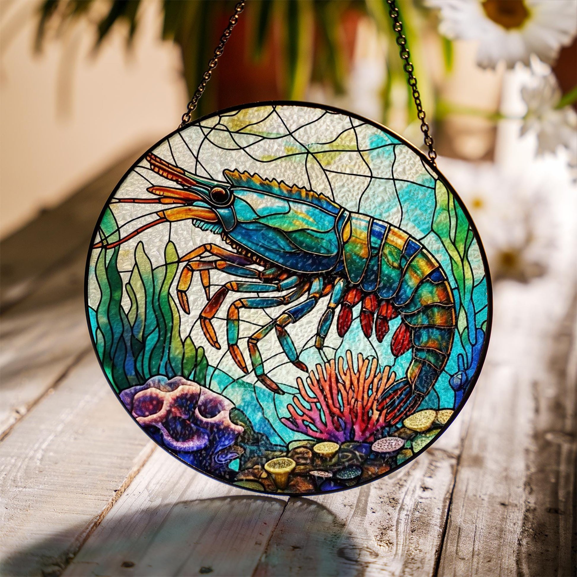 Colorful Shrimp Glass Suncatcher – Ocean Coral Reef Window Hanging, Nautical Sea Life Decor, Marine Lover Gift, Beach House Accent
