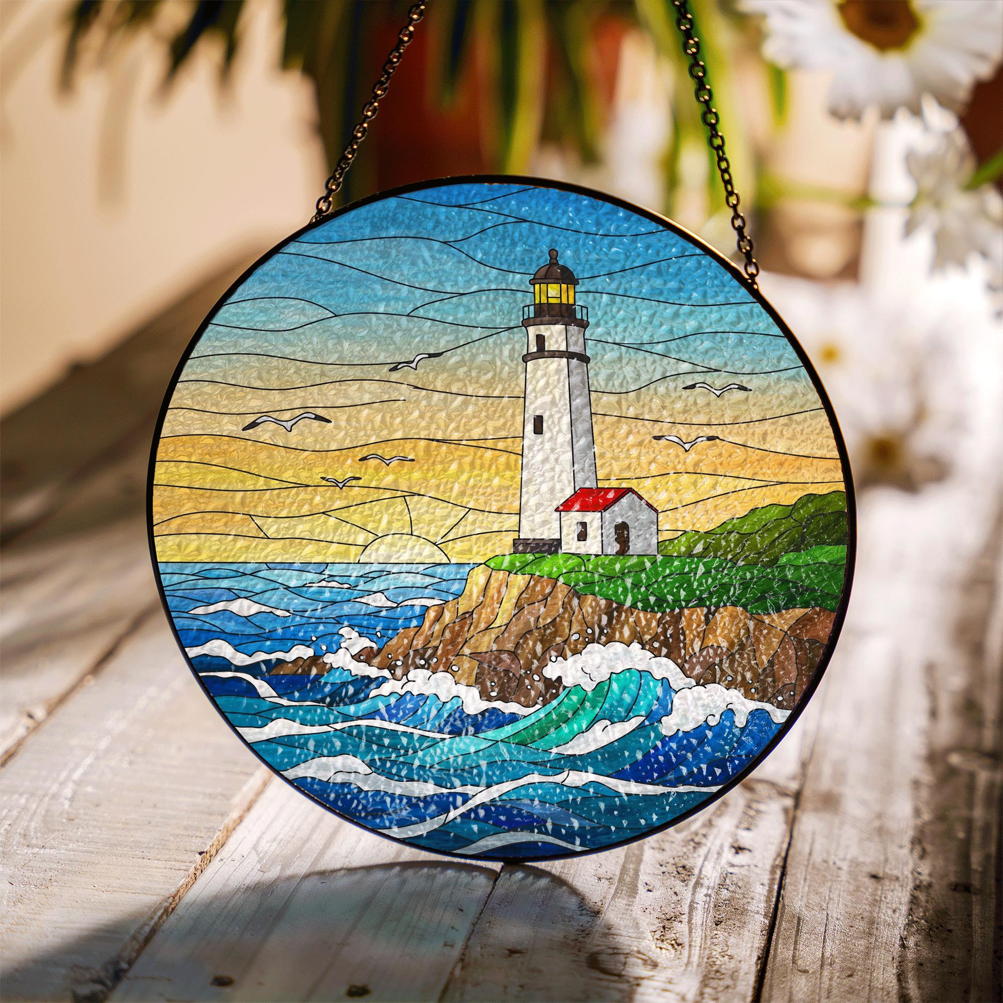 Coastal Lighthouse Glass Suncatcher – Nautical Ocean Window Decor, Seaside Sunset Panel, Beach House Stained Glass Art Gift