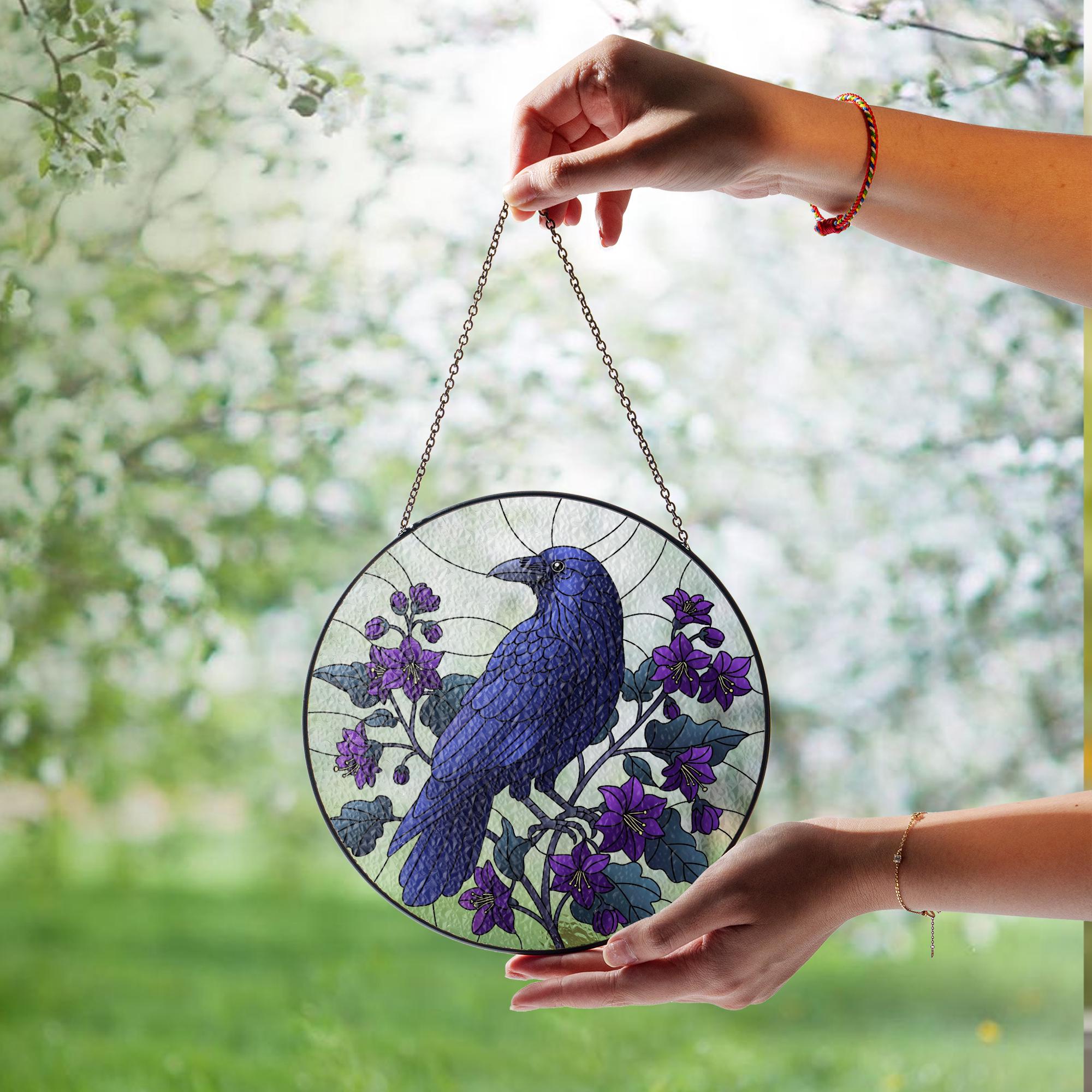 Crows & Nightshade Flowers Glass Suncatcher – Gothic Window Decor – Mother’s Day Gift – Dark Floral Hanging Art